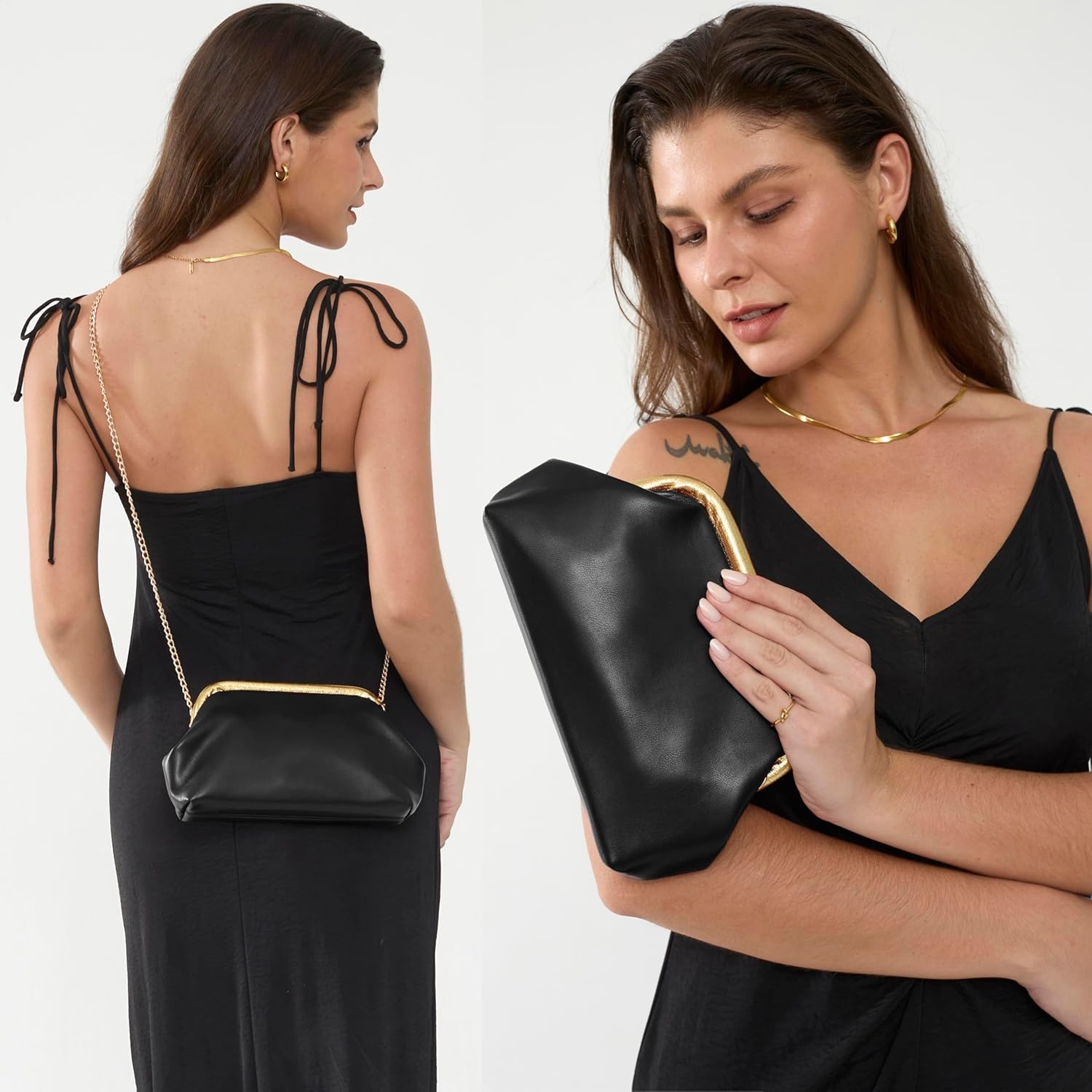 image:imageWomens Evening Clutch Purse with Detachable Chain Strap Soft Faux Leather Shoulder Bag for Evening PartyWeddingNight OutBlack