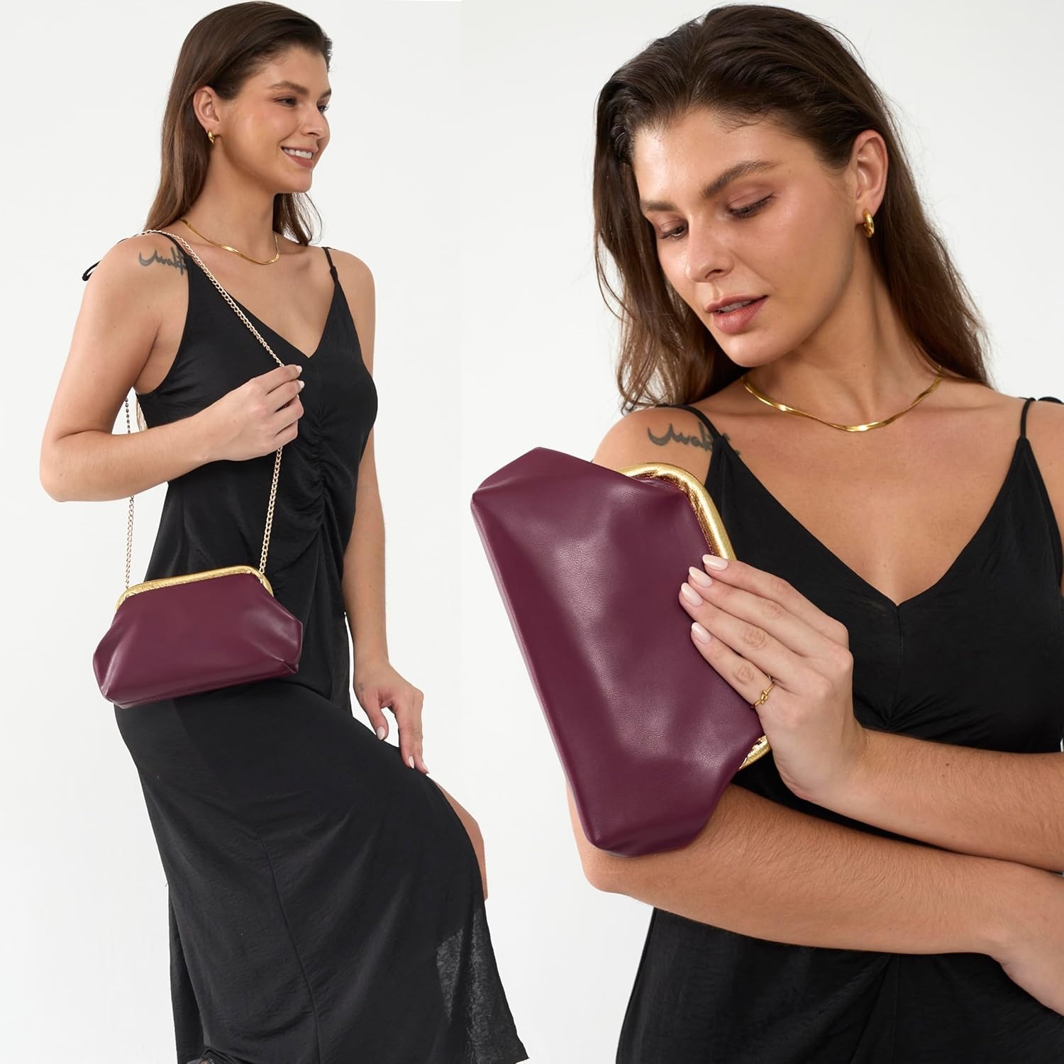 image:imageWomens Evening Clutch Purse with Detachable Chain Strap Soft Faux Leather Shoulder Bag for Evening PartyWeddingNight OutDark Red