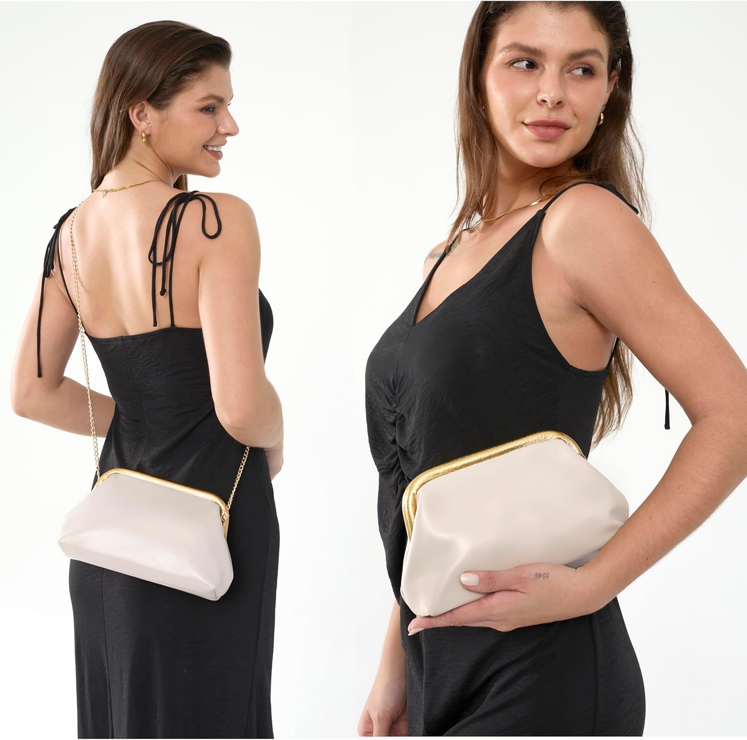image:imageWomens Evening Clutch Purse with Detachable Chain Strap Soft Faux Leather Shoulder Bag for Evening PartyWeddingNight OutIvory