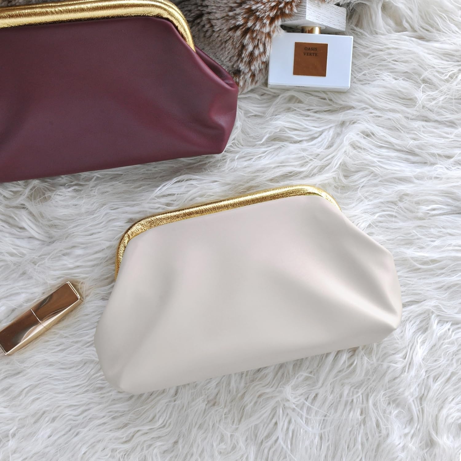 image:imageWomens Evening Clutch Purse with Detachable Chain Strap Soft Faux Leather Shoulder Bag for Evening PartyWeddingNight OutIvory