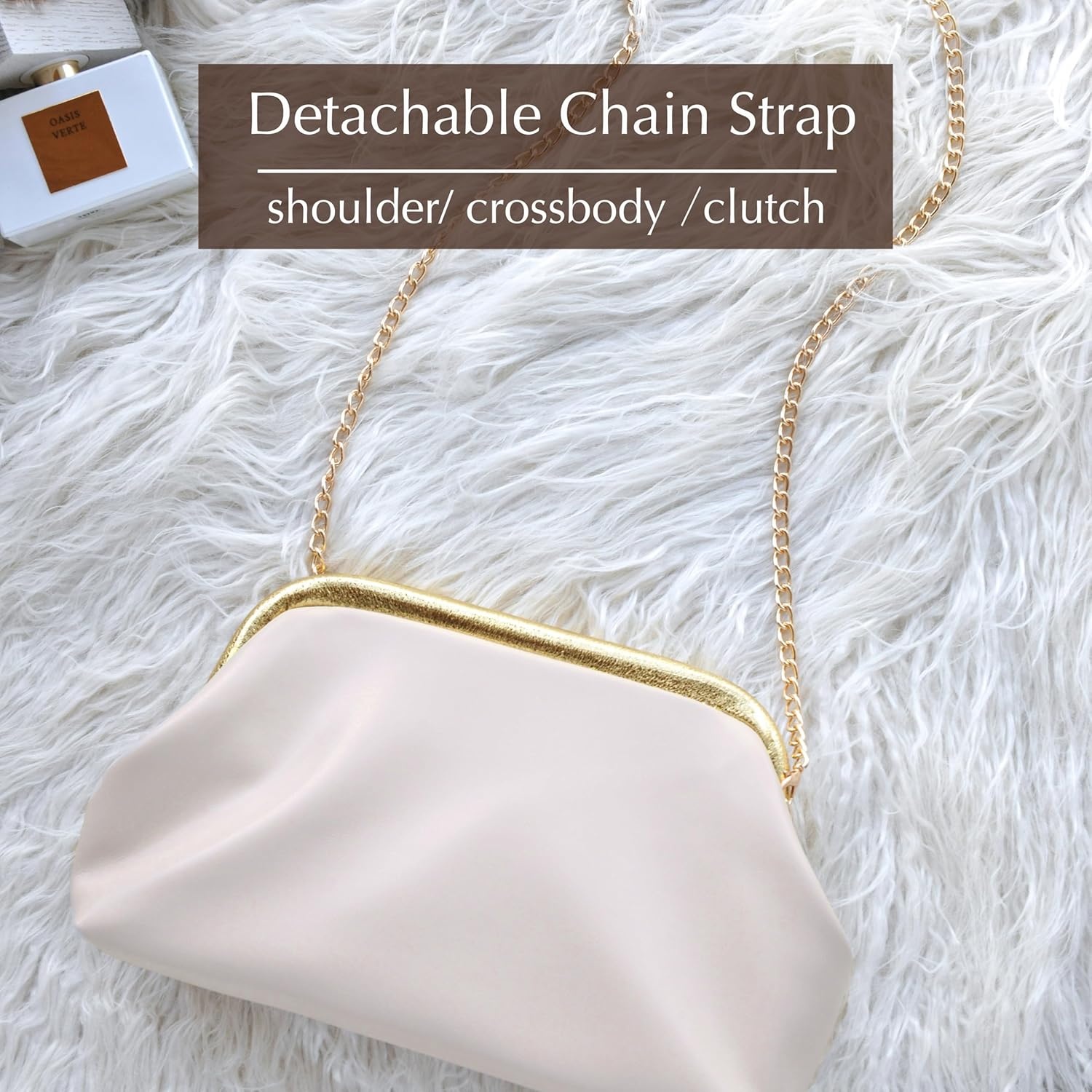image:imageWomens Evening Clutch Purse with Detachable Chain Strap Soft Faux Leather Shoulder Bag for Evening PartyWeddingNight OutIvory