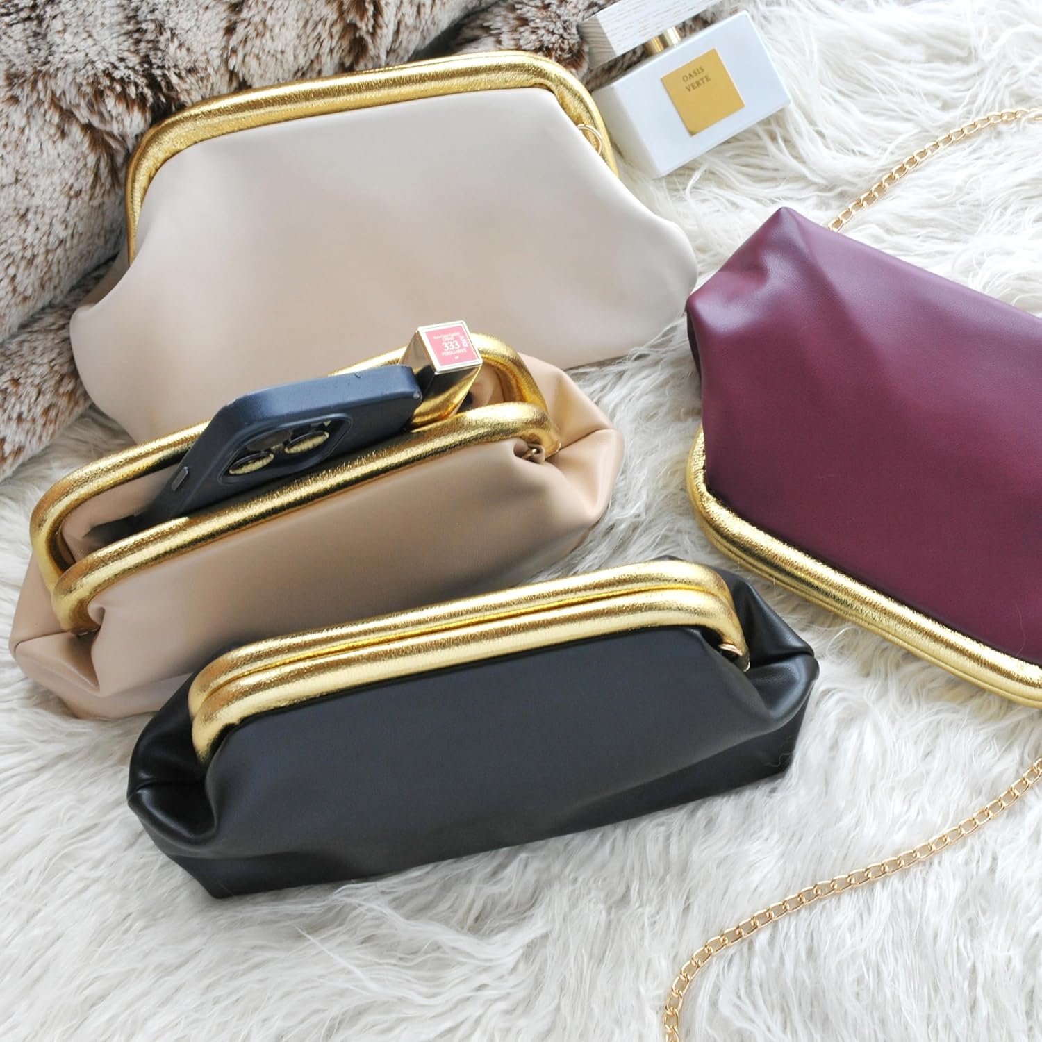 image:imageWomens Evening Clutch Purse with Detachable Chain Strap Soft Faux Leather Shoulder Bag for Evening PartyWeddingNight OutIvory