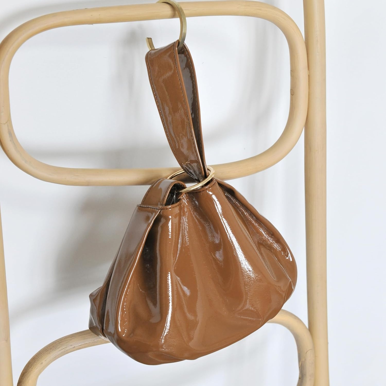image:imageWomens Glossy Clutch Patent Vegan Leather Hobo Top Handle Bag Small Tote Glossy Patent Vegan Leather Top Handle SmallBrown