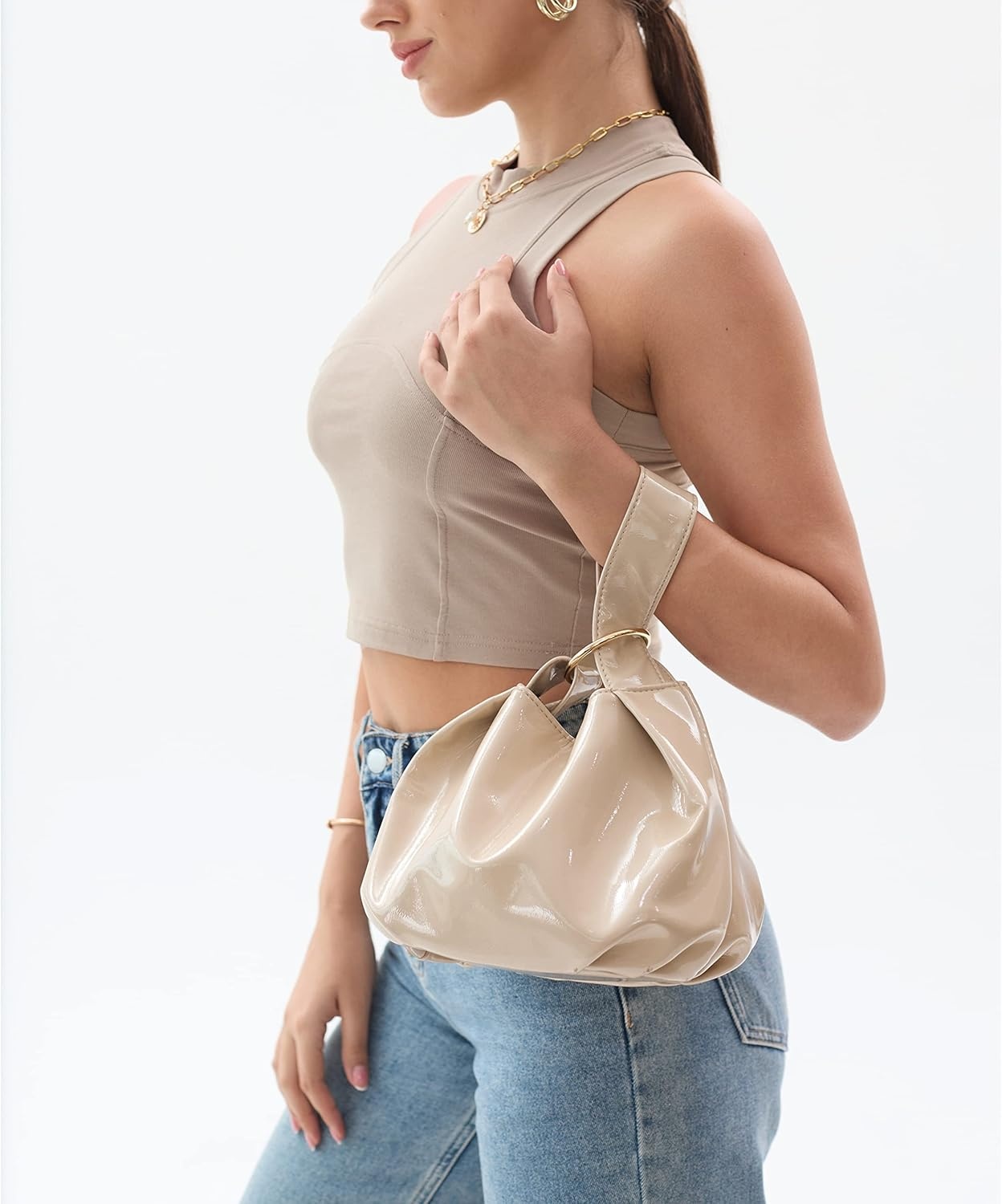 image:imageWomens Glossy Clutch Patent Vegan Leather Hobo Top Handle Bag Small Tote Glossy Patent Vegan Leather Top Handle SmallBrown