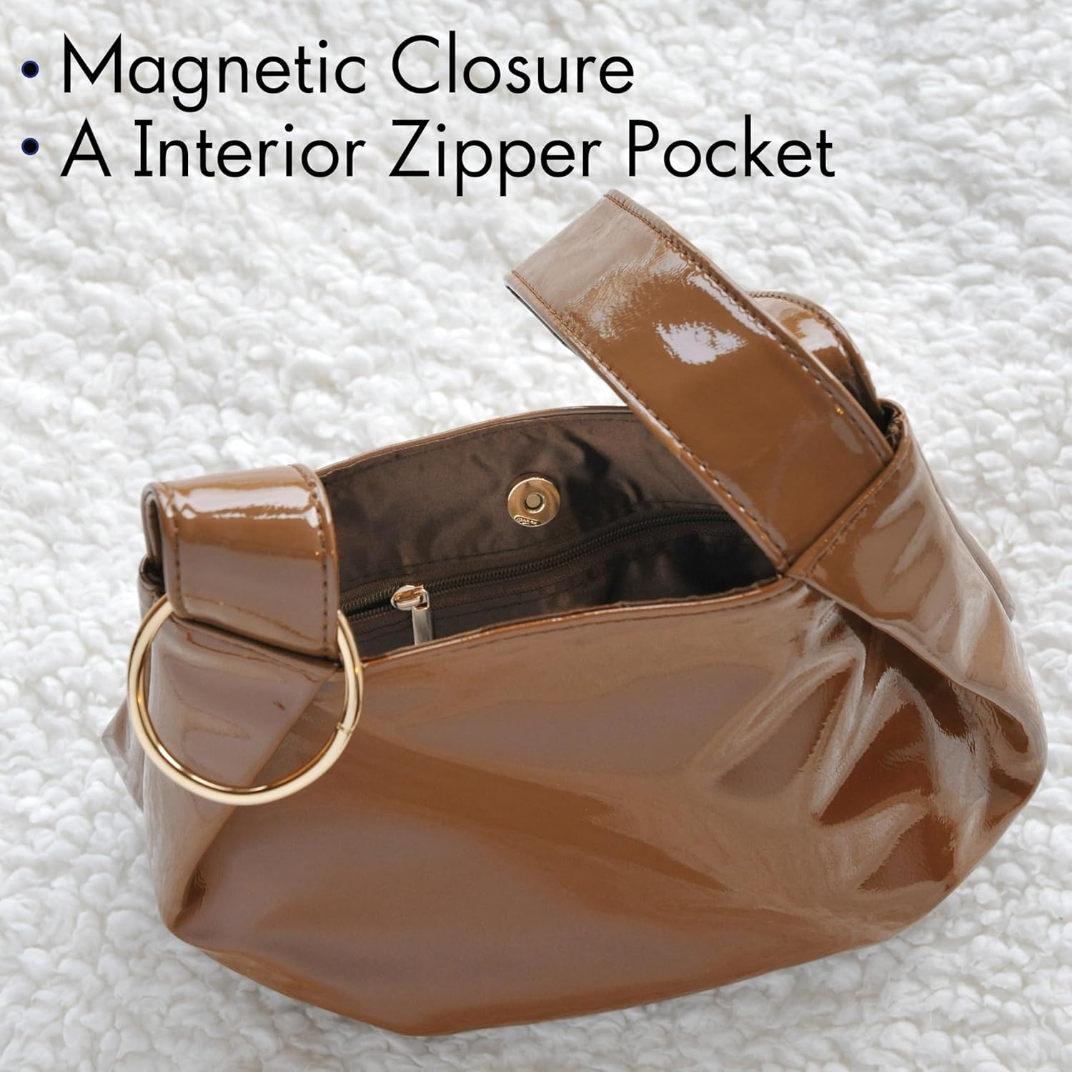 image:imageWomens Glossy Clutch Patent Vegan Leather Hobo Top Handle Bag Small Tote Glossy Patent Vegan Leather Top Handle SmallBrown