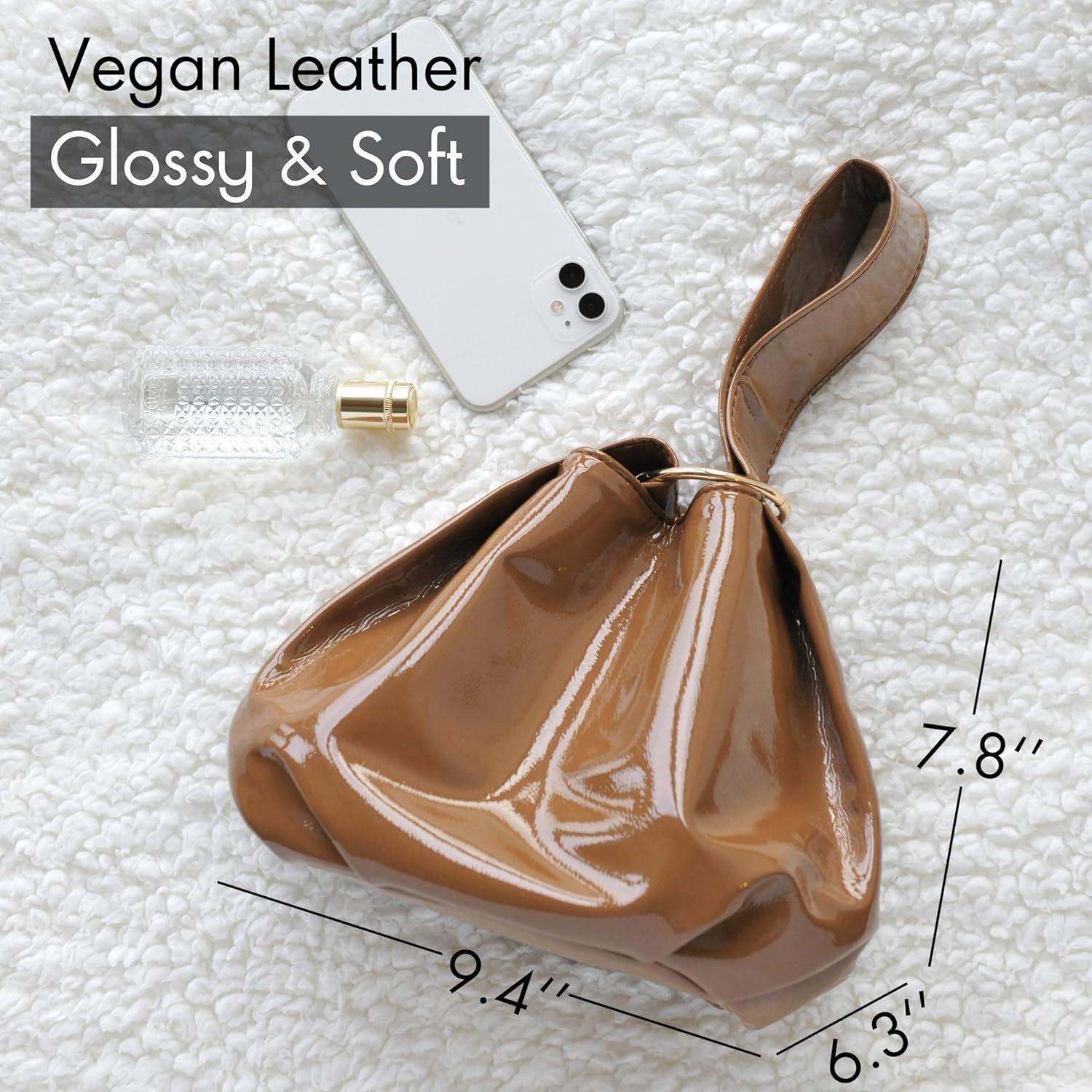 image:imageWomens Glossy Clutch Patent Vegan Leather Hobo Top Handle Bag Small Tote Glossy Patent Vegan Leather Top Handle SmallBrown