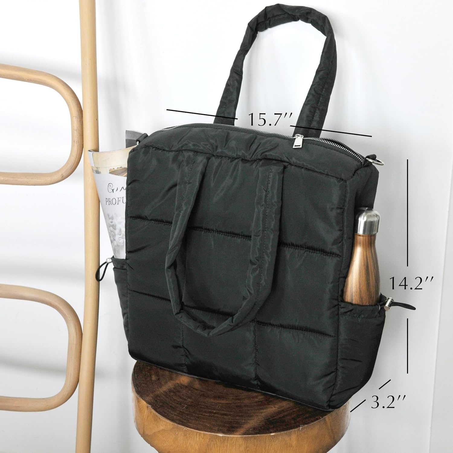 image:imageWomens Puffer Quilted Tote Bag Lightweight Satchel with Detachable Shoulder Strap Purse for for Travel WorkBlack