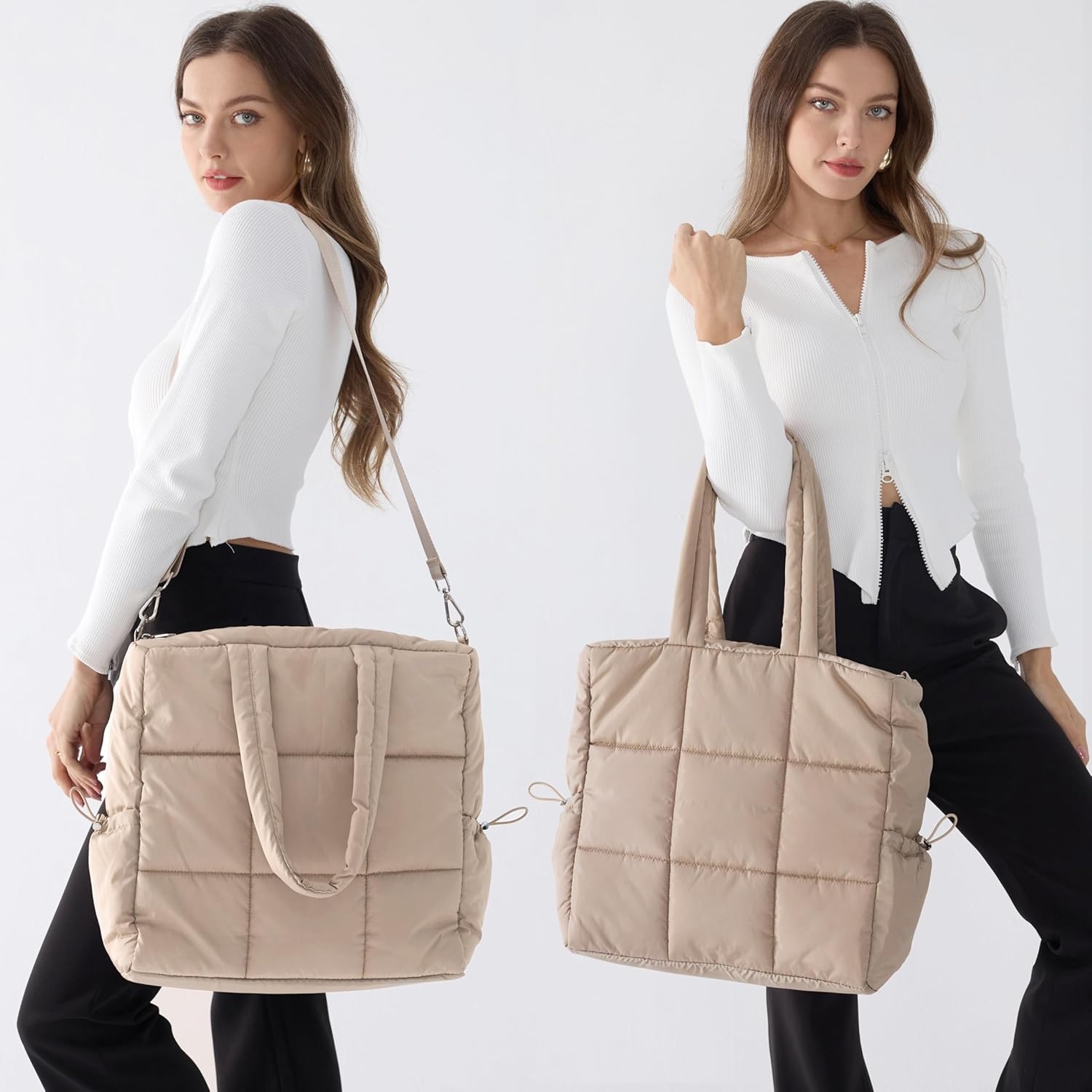 image:imageWomens Puffer Quilted Tote Bag Lightweight Satchel with Detachable Shoulder Strap Purse for for Travel WorkBlack