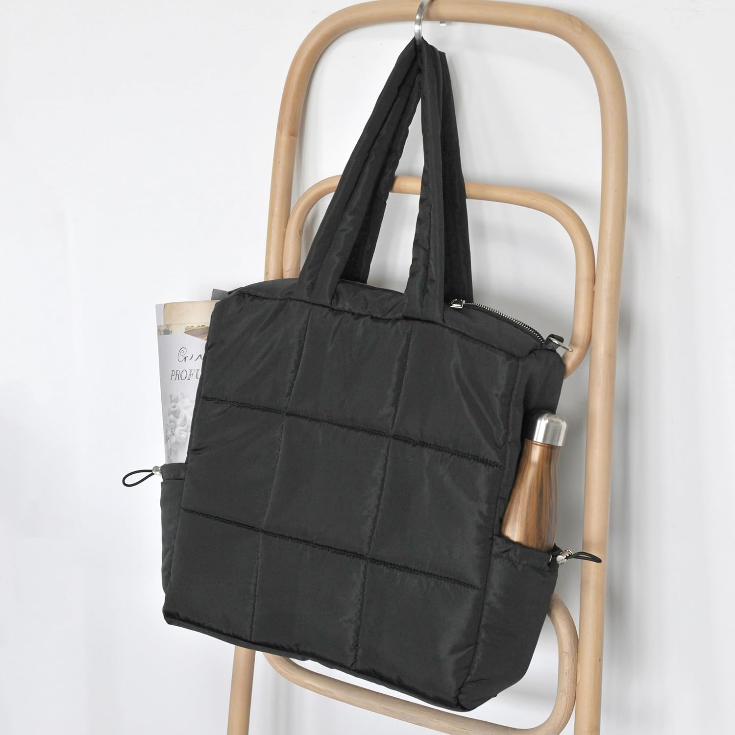 image:imageWomens Puffer Quilted Tote Bag Lightweight Satchel with Detachable Shoulder Strap Purse for for Travel WorkBlack