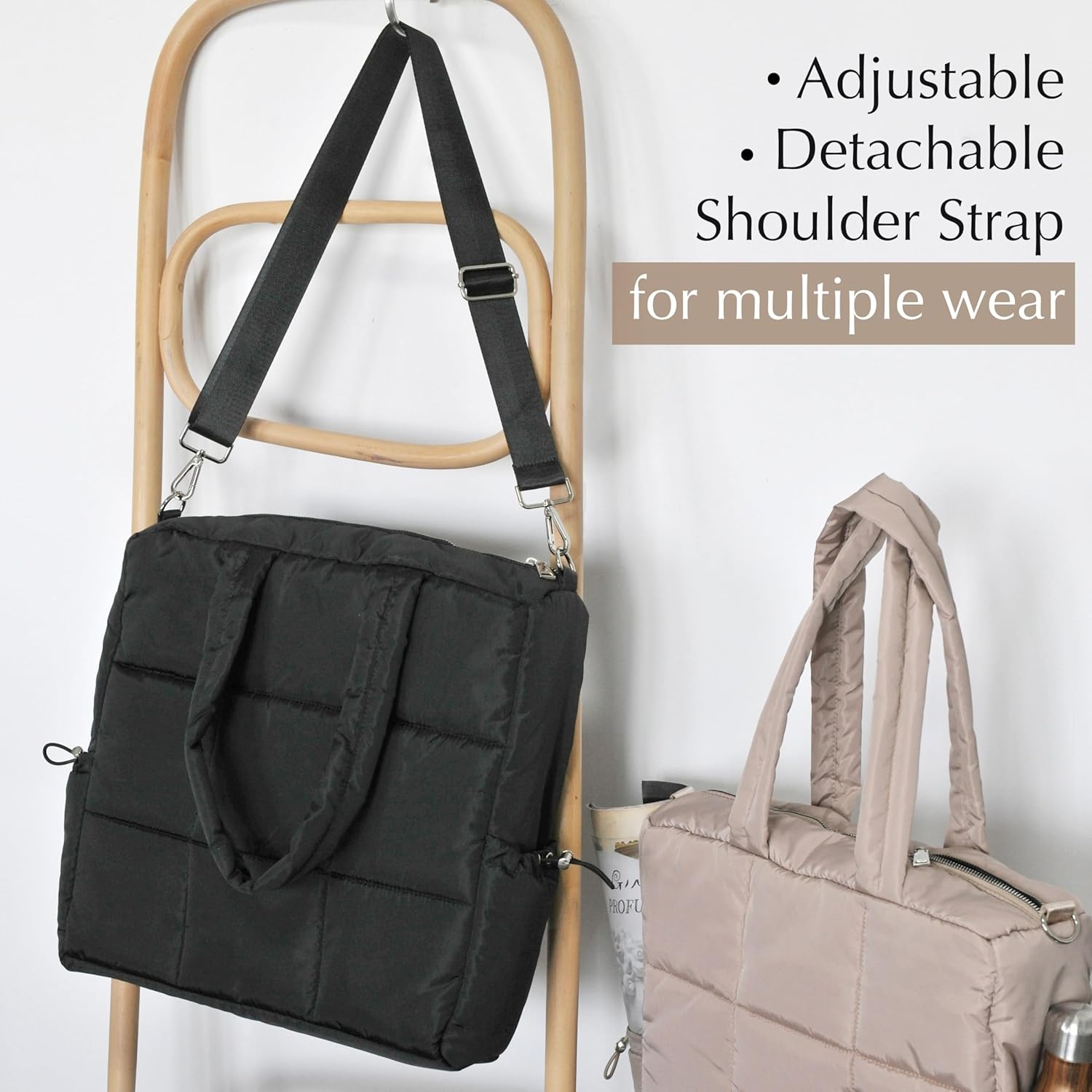 image:imageWomens Puffer Quilted Tote Bag Lightweight Satchel with Detachable Shoulder Strap Purse for for Travel WorkBlack