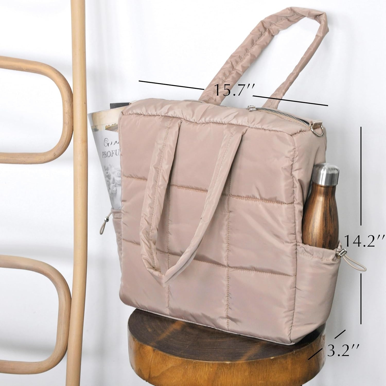 image:imageWomens Puffer Quilted Tote Bag Lightweight Satchel with Detachable Shoulder Strap Purse for for Travel WorkNude