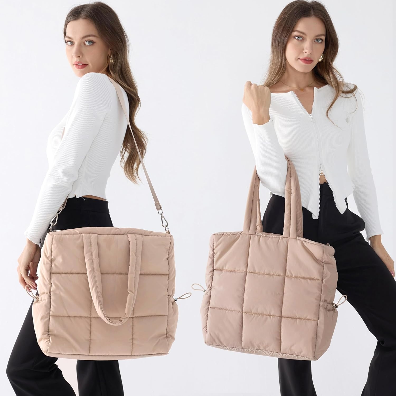 image:imageWomens Puffer Quilted Tote Bag Lightweight Satchel with Detachable Shoulder Strap Purse for for Travel WorkNude