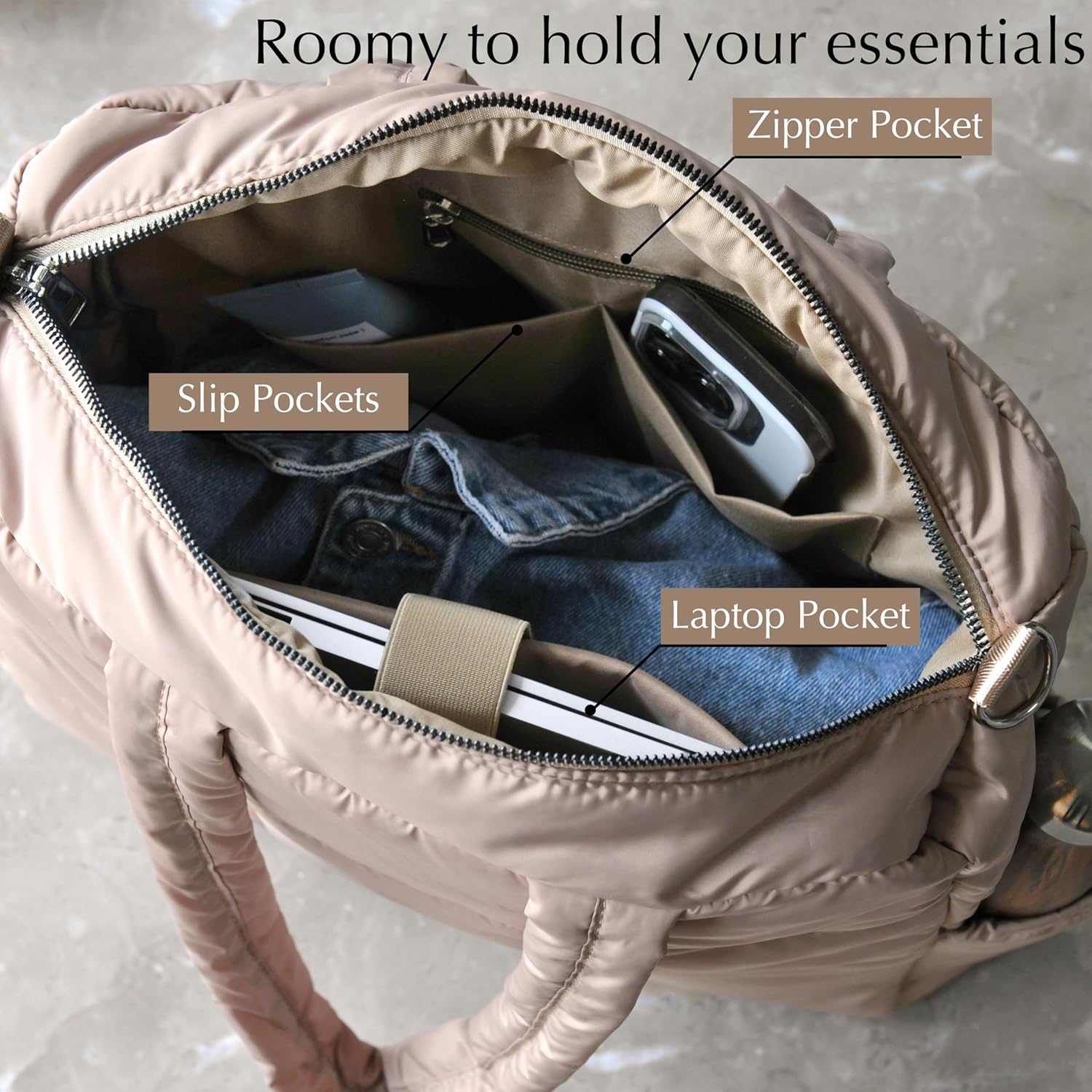 image:imageWomens Puffer Quilted Tote Bag Lightweight Satchel with Detachable Shoulder Strap Purse for for Travel WorkNude