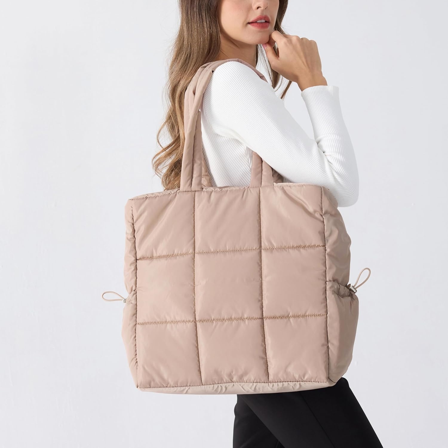 image:imageWomens Puffer Quilted Tote Bag Lightweight Satchel with Detachable Shoulder Strap Purse for for Travel WorkNude
