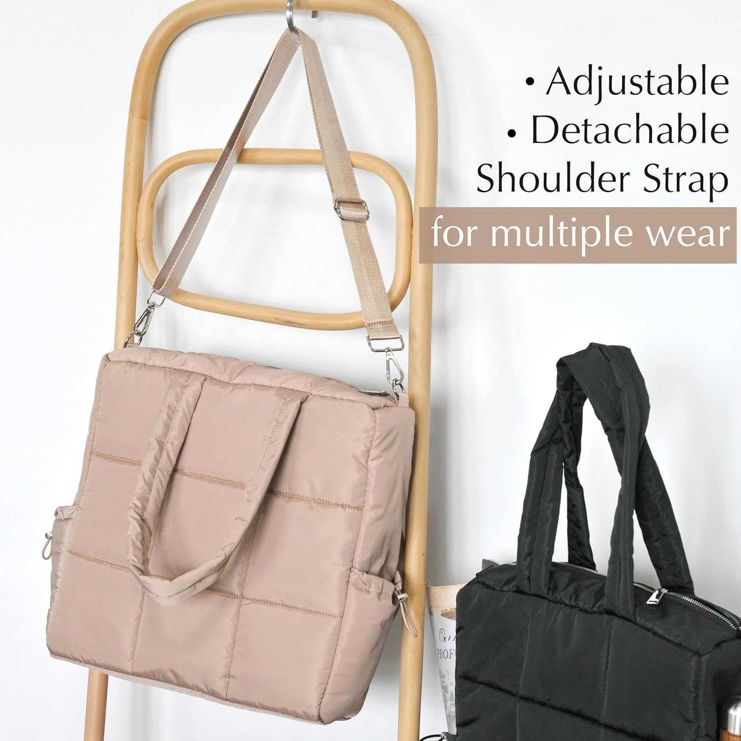 image:imageWomens Puffer Quilted Tote Bag Lightweight Satchel with Detachable Shoulder Strap Purse for for Travel WorkNude