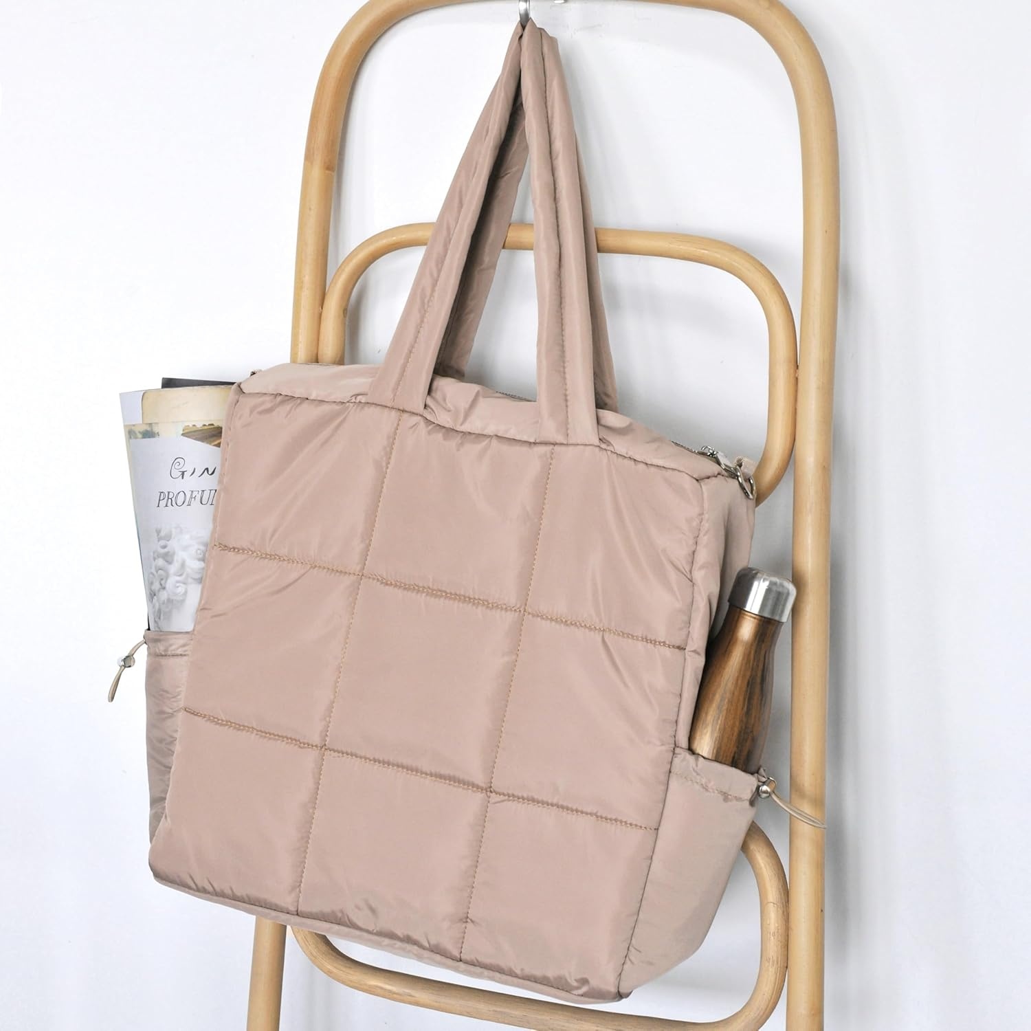 image:imageWomens Puffer Quilted Tote Bag Lightweight Satchel with Detachable Shoulder Strap Purse for for Travel WorkNude