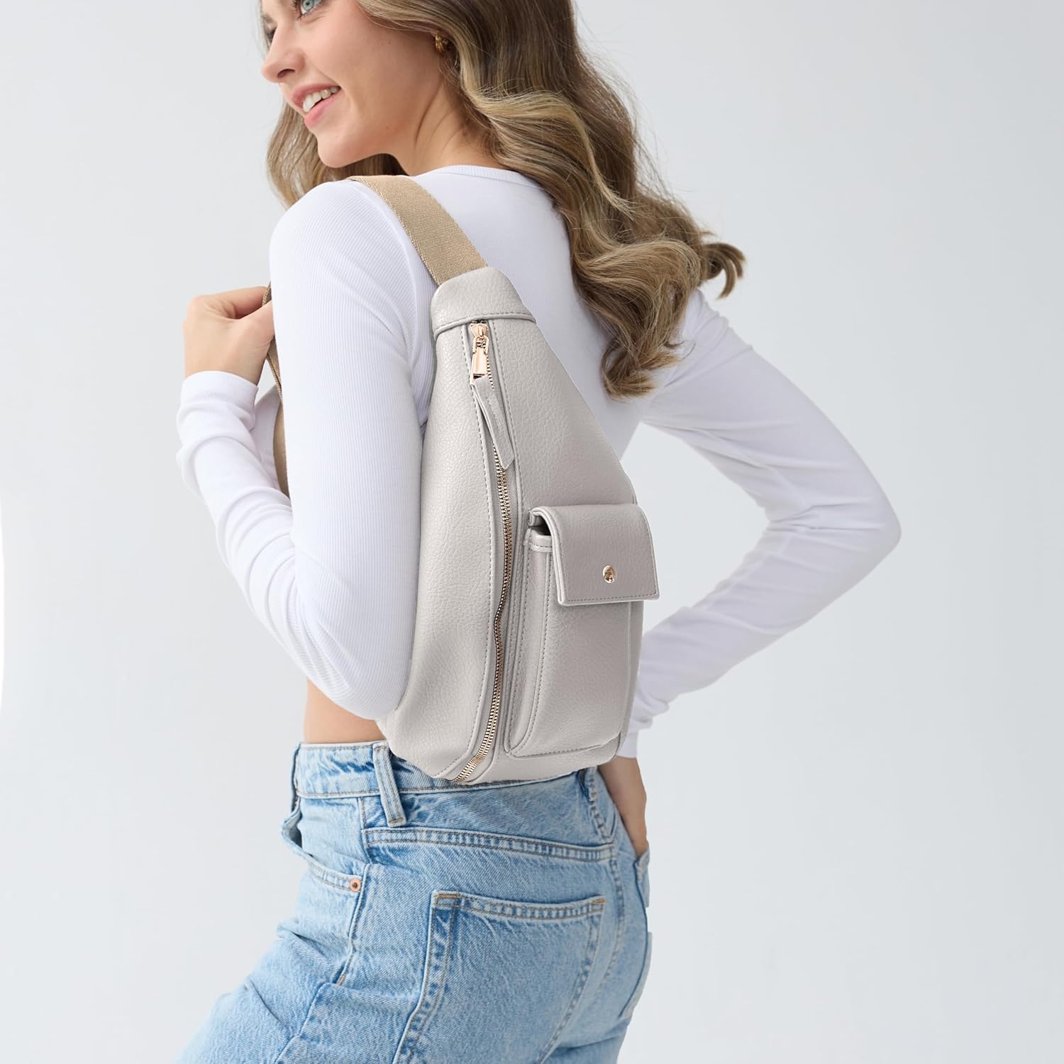 image:imageWomens Sling Bag Vegan Leather Fanny Packs Crossbody bag with Adjustable Shoulder Strap Chest Bag for Travel BeigeBeige