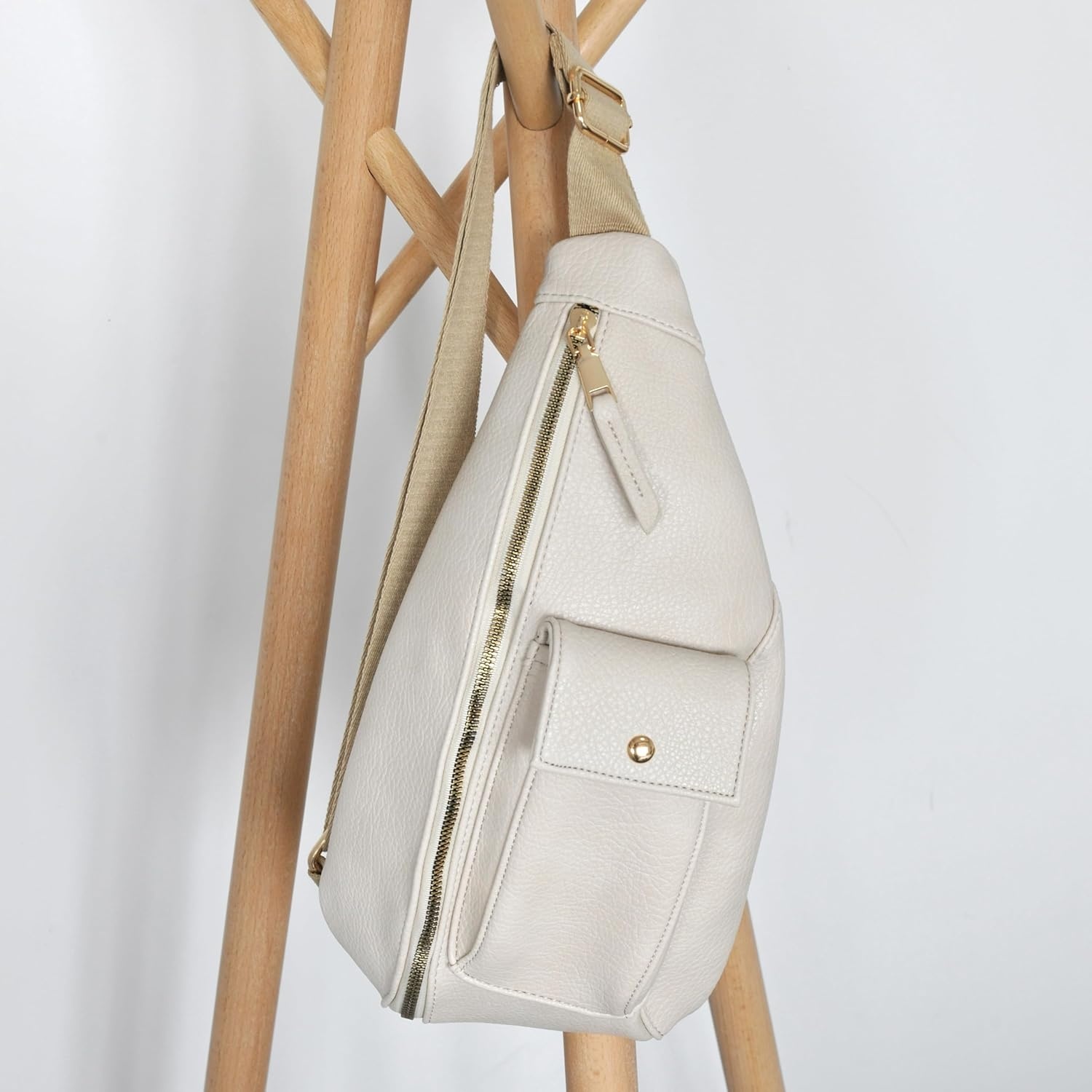 image:imageWomens Sling Bag Vegan Leather Fanny Packs Crossbody bag with Adjustable Shoulder Strap Chest Bag for Travel BeigeBeige