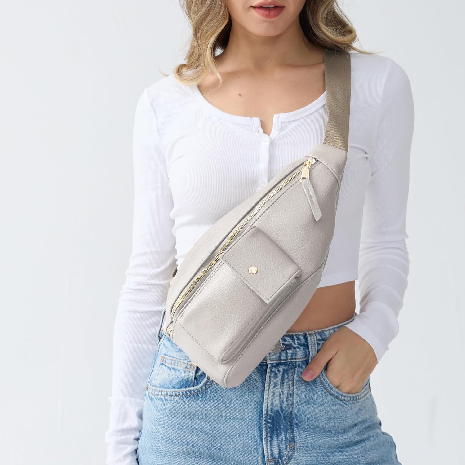 image:imageWomens Sling Bag Vegan Leather Fanny Packs Crossbody bag with Adjustable Shoulder Strap Chest Bag for Travel BeigeBeige