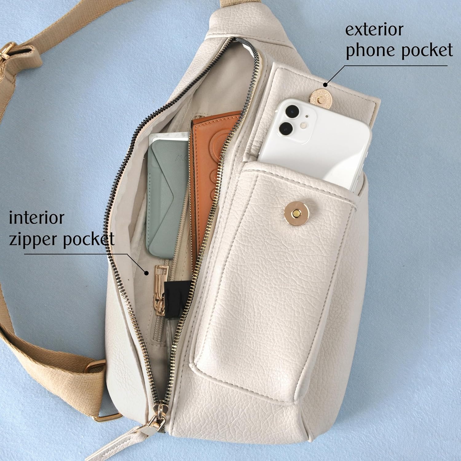 image:imageWomens Sling Bag Vegan Leather Fanny Packs Crossbody bag with Adjustable Shoulder Strap Chest Bag for Travel BeigeBeige
