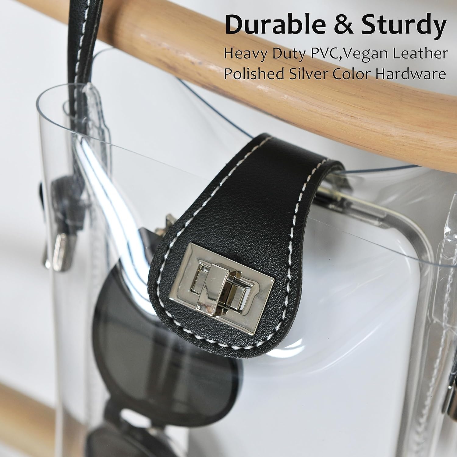 image:imageWomens Small Clear PVC Cross Body Bag Phone Bag with Vegan Leather Trim Transparent TurnLock Purse Stadium ApprovedBlack