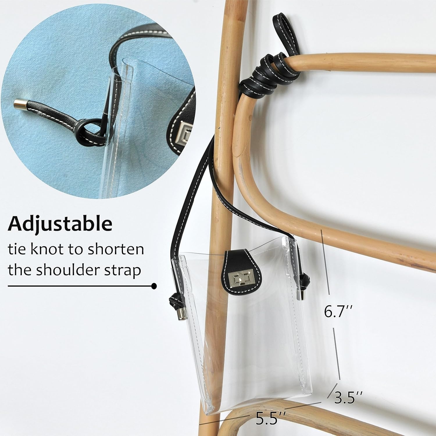 image:imageWomens Small Clear PVC Cross Body Bag Phone Bag with Vegan Leather Trim Transparent TurnLock Purse Stadium ApprovedBlack