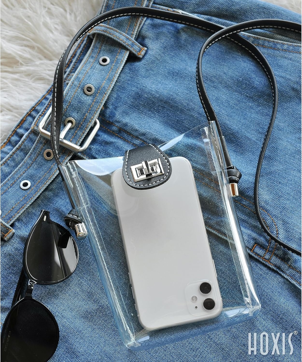 image:imageWomens Small Clear PVC Cross Body Bag Phone Bag with Vegan Leather Trim Transparent TurnLock Purse Stadium ApprovedBlack