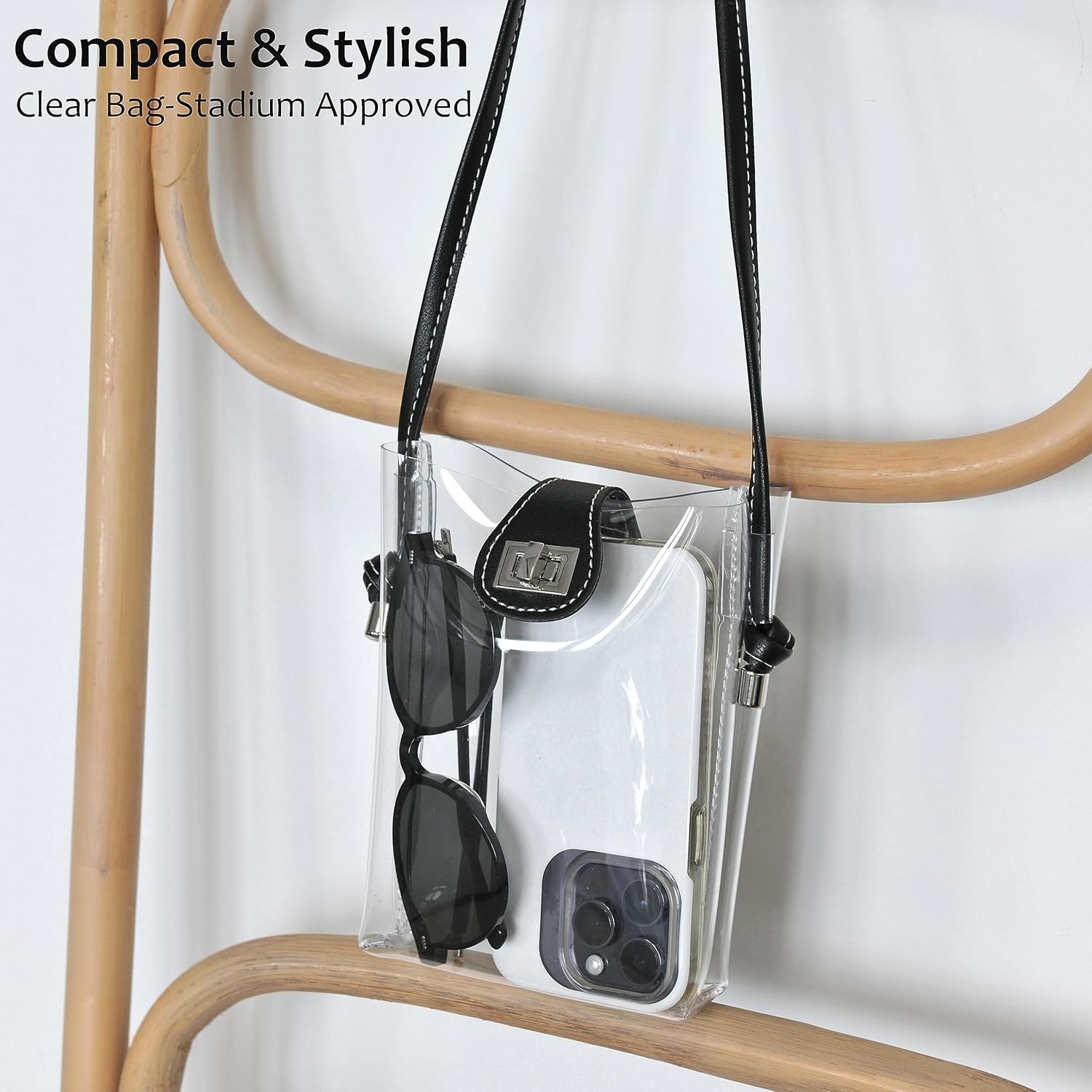 image:imageWomens Small Clear PVC Cross Body Bag Phone Bag with Vegan Leather Trim Transparent TurnLock Purse Stadium ApprovedBlack