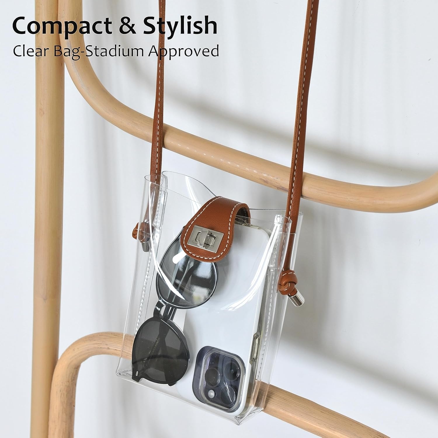image:imageWomens Small Clear PVC Cross Body Bag Phone Bag with Vegan Leather Trim Transparent TurnLock Purse Stadium ApprovedBrown