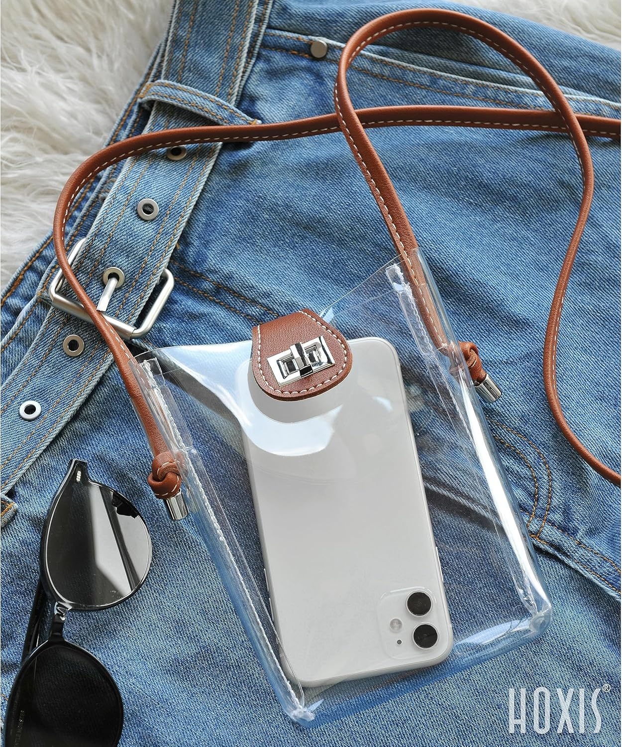 image:imageWomens Small Clear PVC Cross Body Bag Phone Bag with Vegan Leather Trim Transparent TurnLock Purse Stadium ApprovedBrown