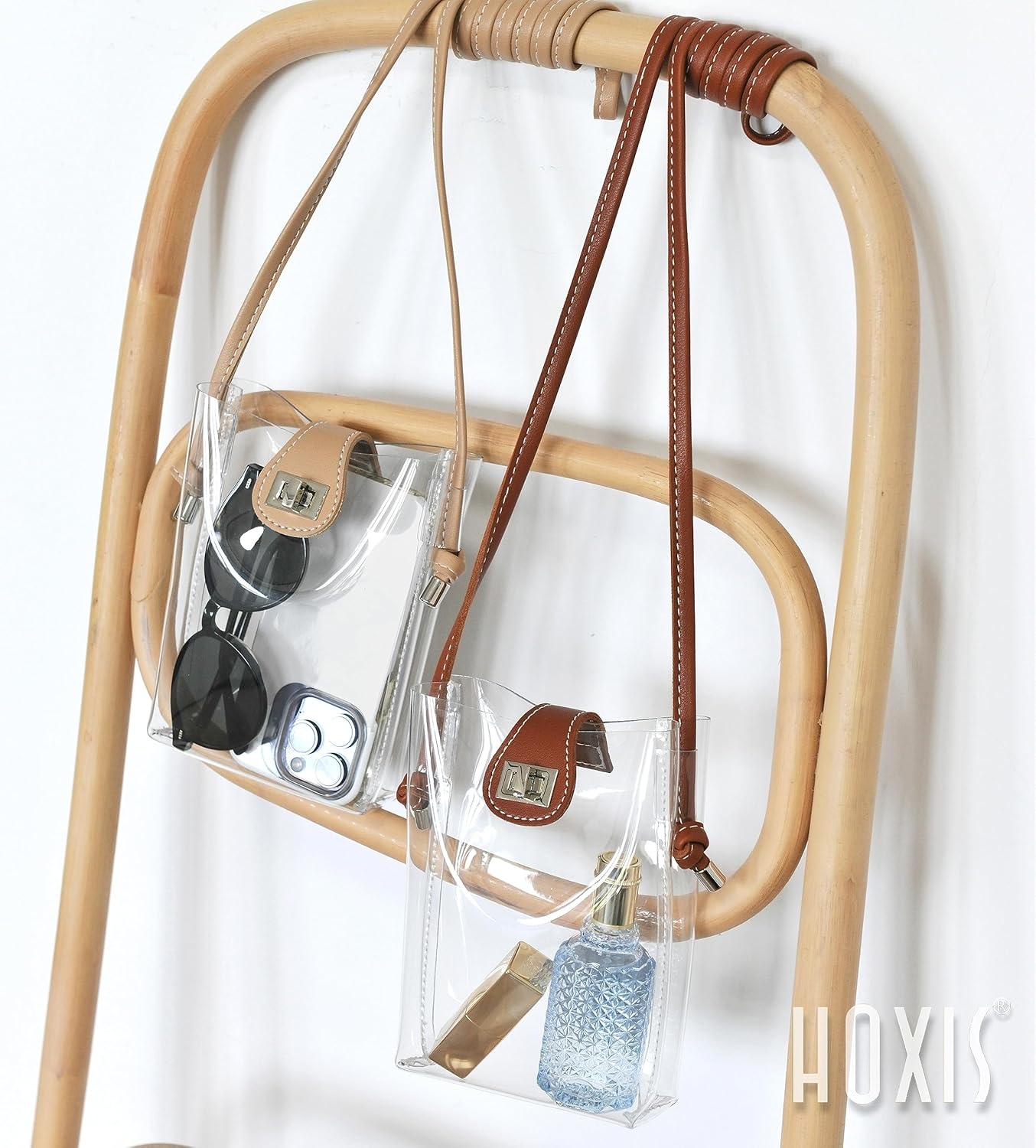 image:imageWomens Small Clear PVC Cross Body Bag Phone Bag with Vegan Leather Trim Transparent TurnLock Purse Stadium ApprovedBrown
