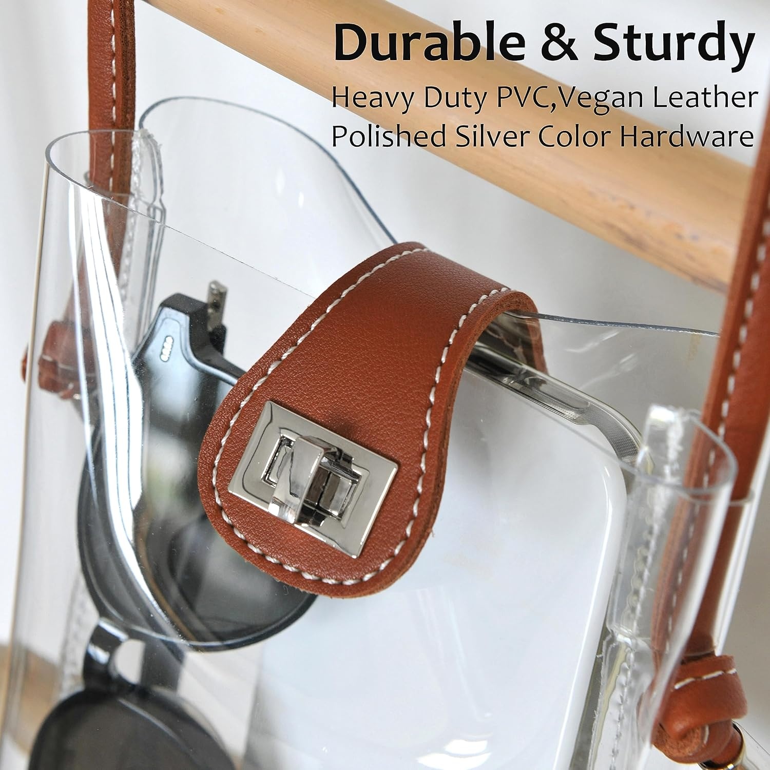image:imageWomens Small Clear PVC Cross Body Bag Phone Bag with Vegan Leather Trim Transparent TurnLock Purse Stadium ApprovedBrown