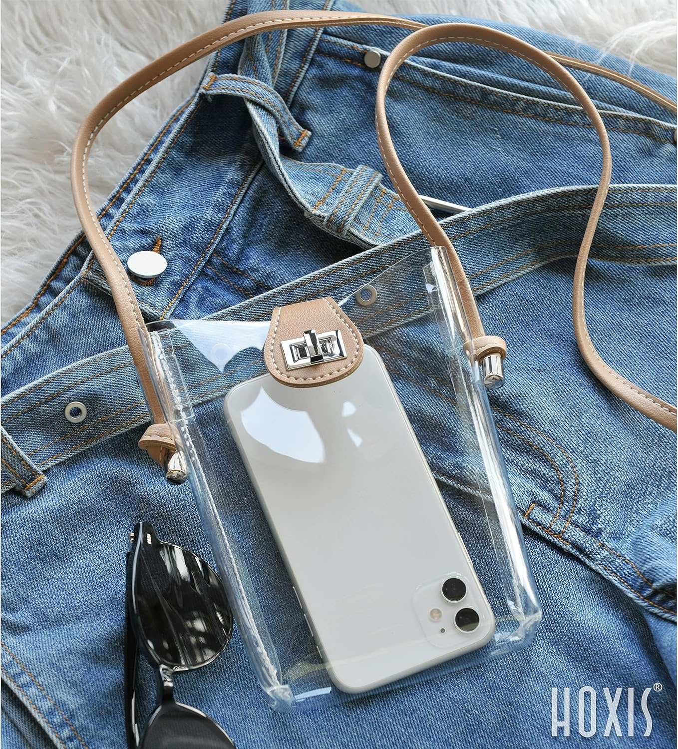 image:imageWomens Small Clear PVC Cross Body Bag Phone Bag with Vegan Leather Trim Transparent TurnLock Purse Stadium ApprovedNude