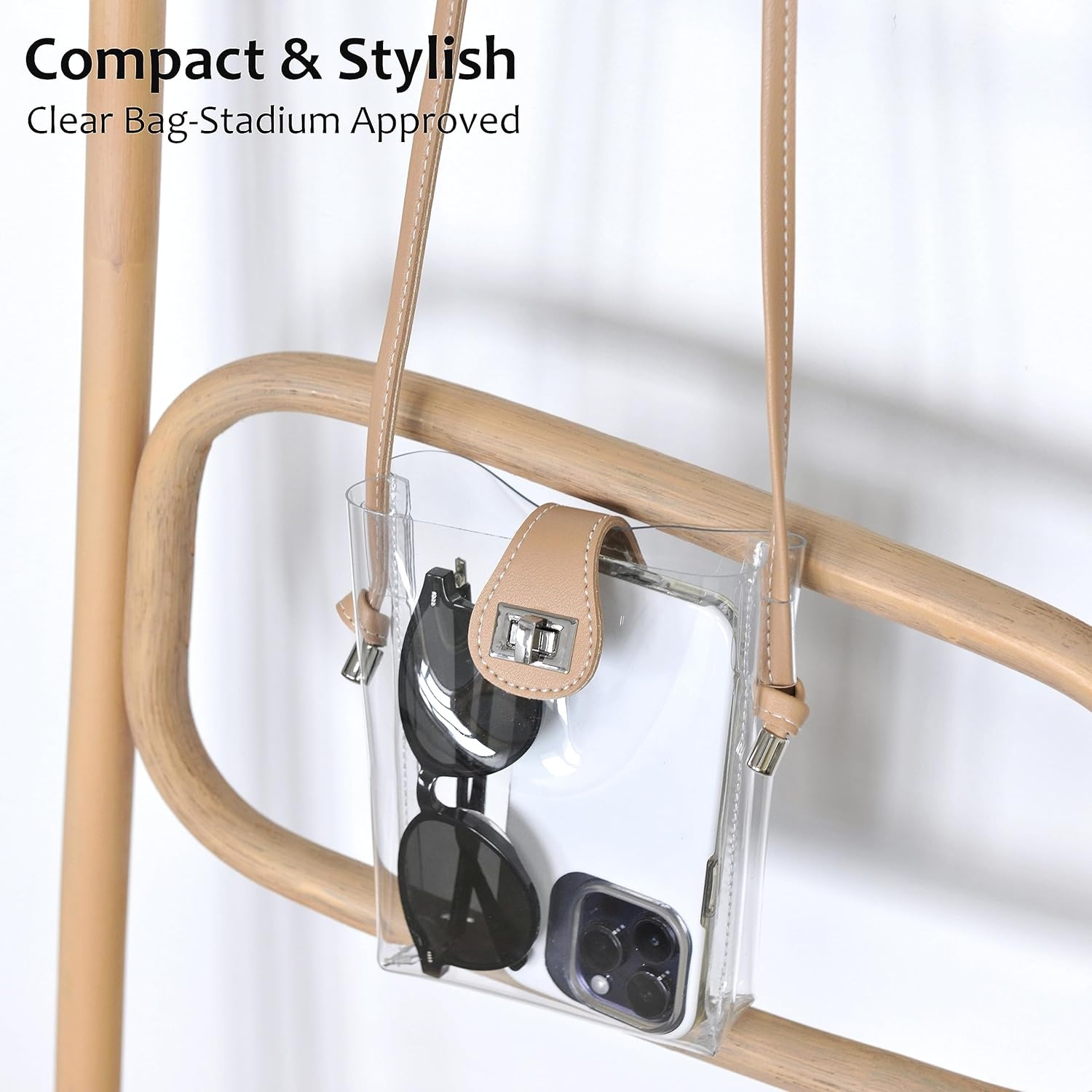 image:imageWomens Small Clear PVC Cross Body Bag Phone Bag with Vegan Leather Trim Transparent TurnLock Purse Stadium ApprovedNude