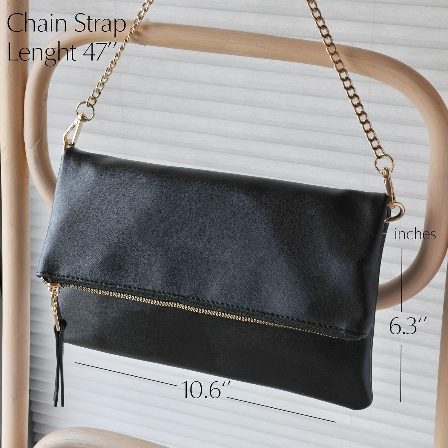 image:imageWomens Zipper Foldover Clutch Vegan Leather Envelope Cross body Bag with Chain StrapBlack