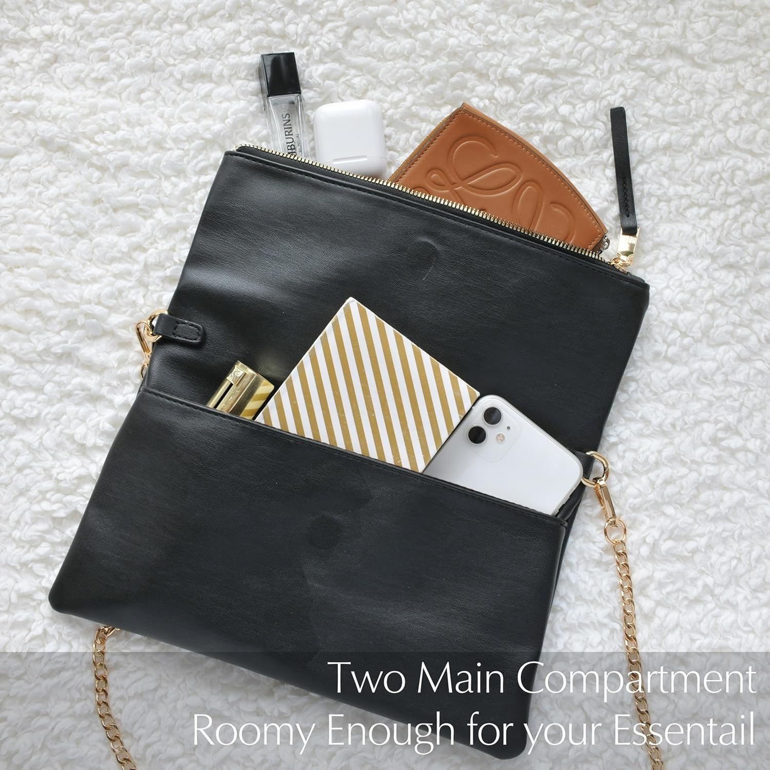 image:imageWomens Zipper Foldover Clutch Vegan Leather Envelope Cross body Bag with Chain StrapBlack