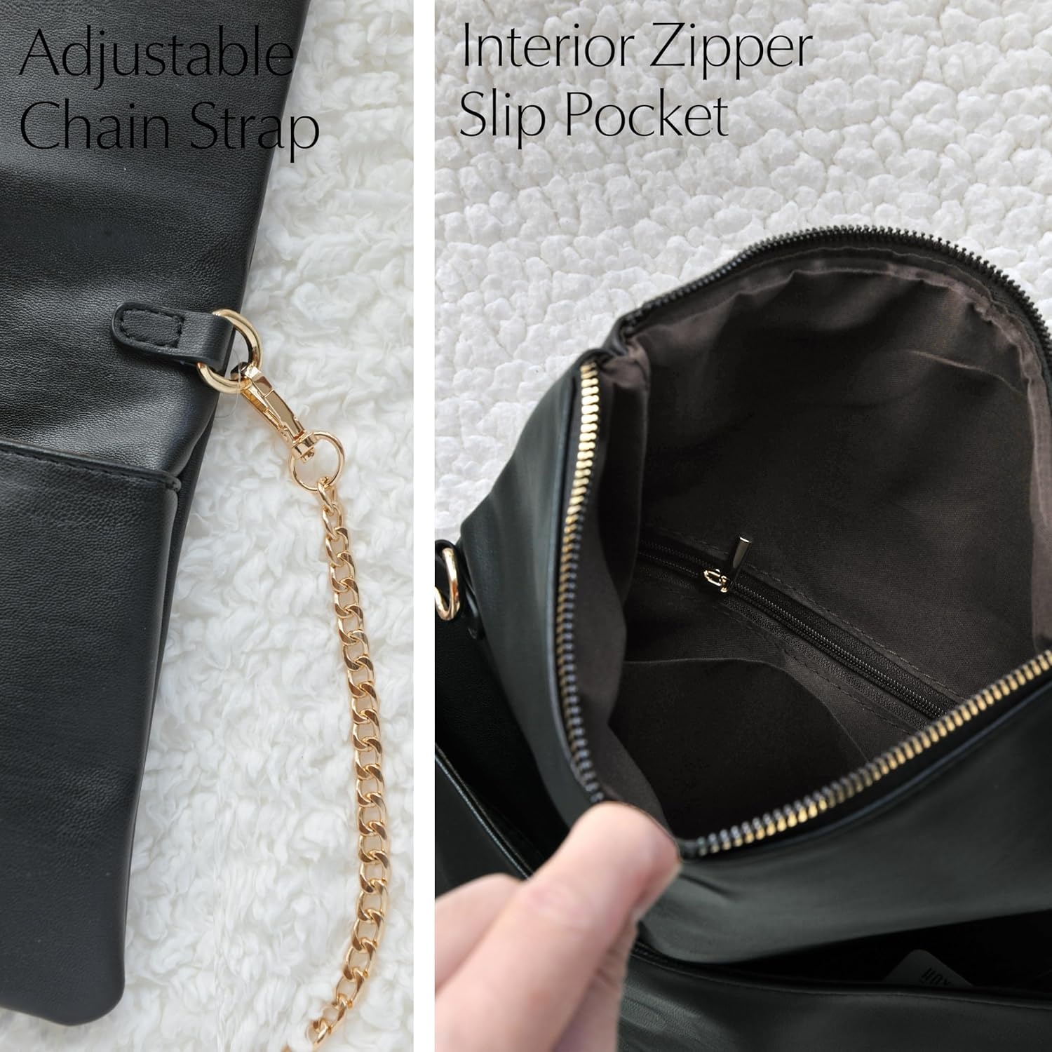 image:imageWomens Zipper Foldover Clutch Vegan Leather Envelope Cross body Bag with Chain StrapBlack
