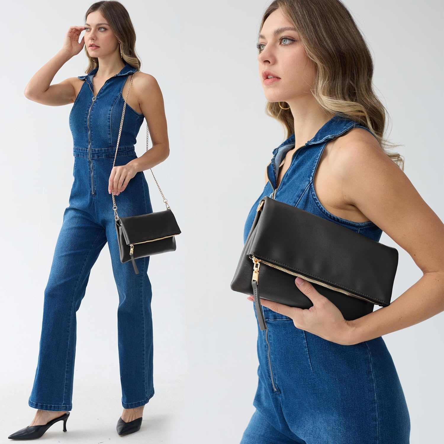 image:imageWomens Zipper Foldover Clutch Vegan Leather Envelope Cross body Bag with Chain StrapBlack