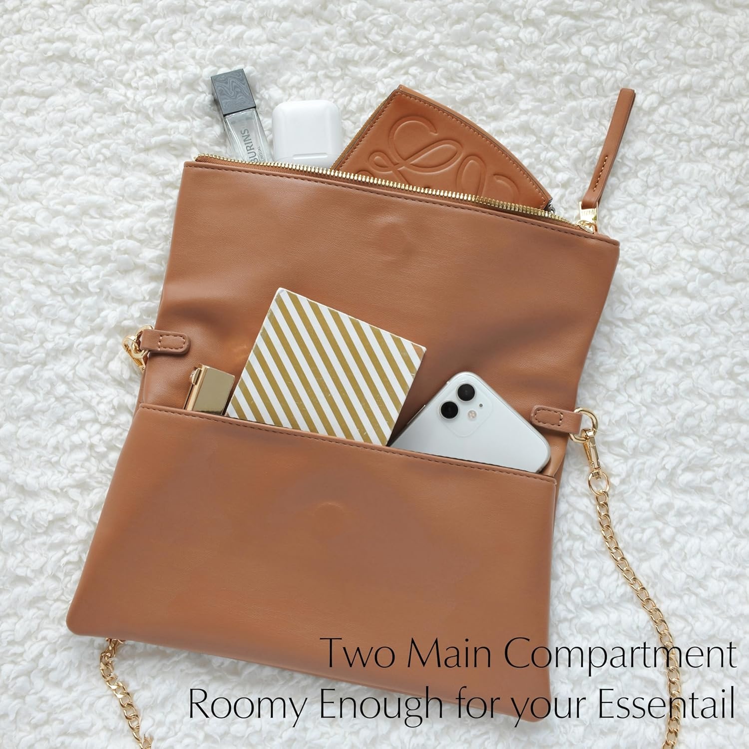 image:imageWomens Zipper Foldover Clutch Vegan Leather Envelope Cross body Bag with Chain StrapBrown