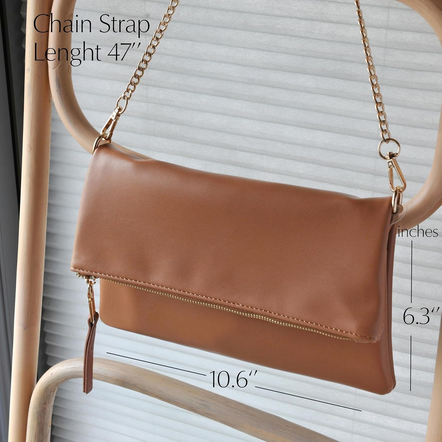 image:imageWomens Zipper Foldover Clutch Vegan Leather Envelope Cross body Bag with Chain StrapBrown