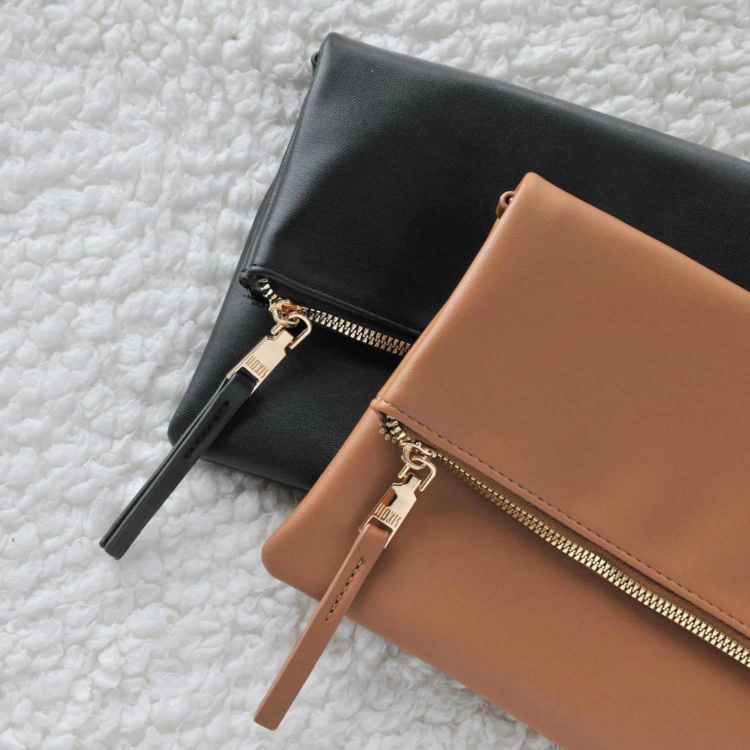 image:imageWomens Zipper Foldover Clutch Vegan Leather Envelope Cross body Bag with Chain StrapBrown