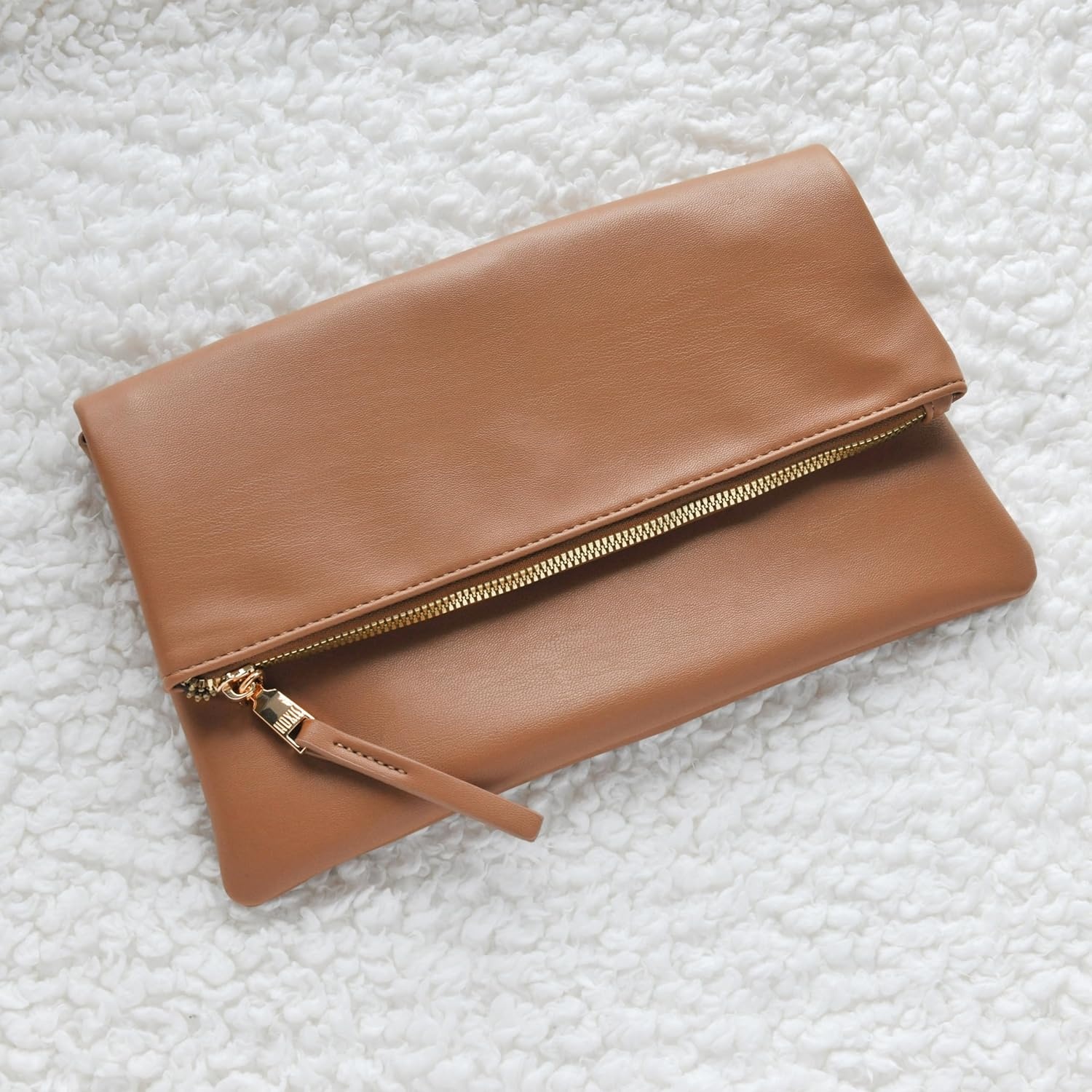 image:imageWomens Zipper Foldover Clutch Vegan Leather Envelope Cross body Bag with Chain StrapBrown