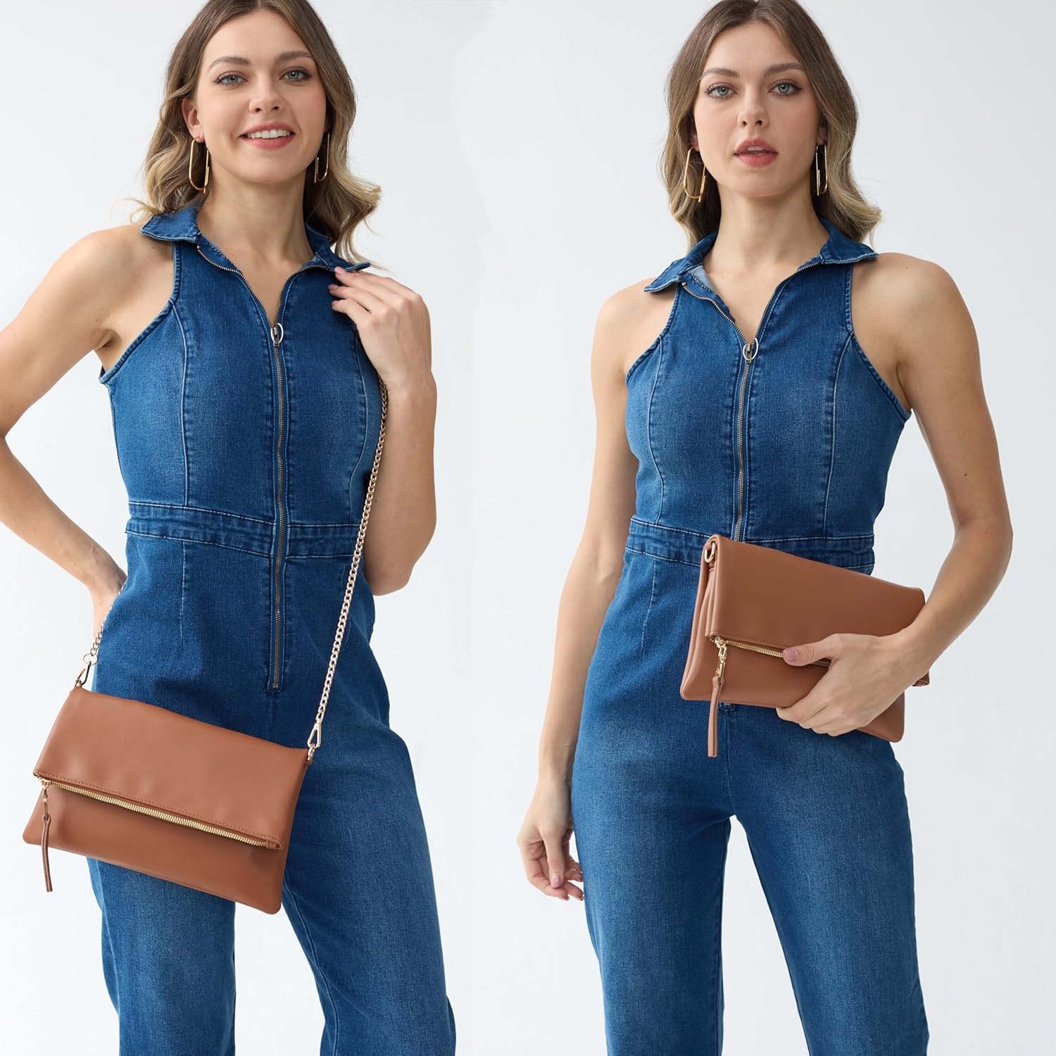 image:imageWomens Zipper Foldover Clutch Vegan Leather Envelope Cross body Bag with Chain StrapBrown