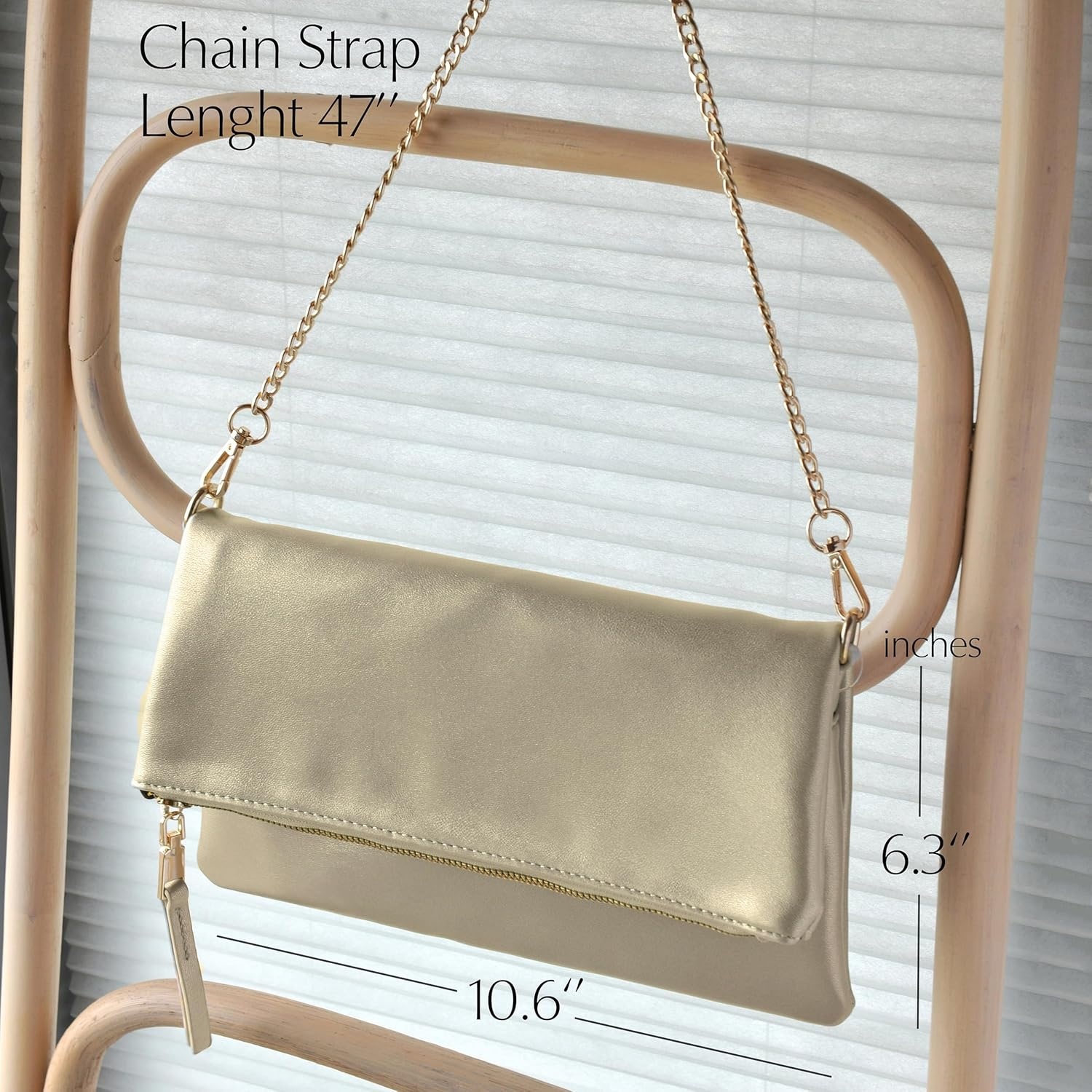 image:imageWomens Zipper Foldover Clutch Vegan Leather Envelope Cross body Bag with Chain StrapGolden