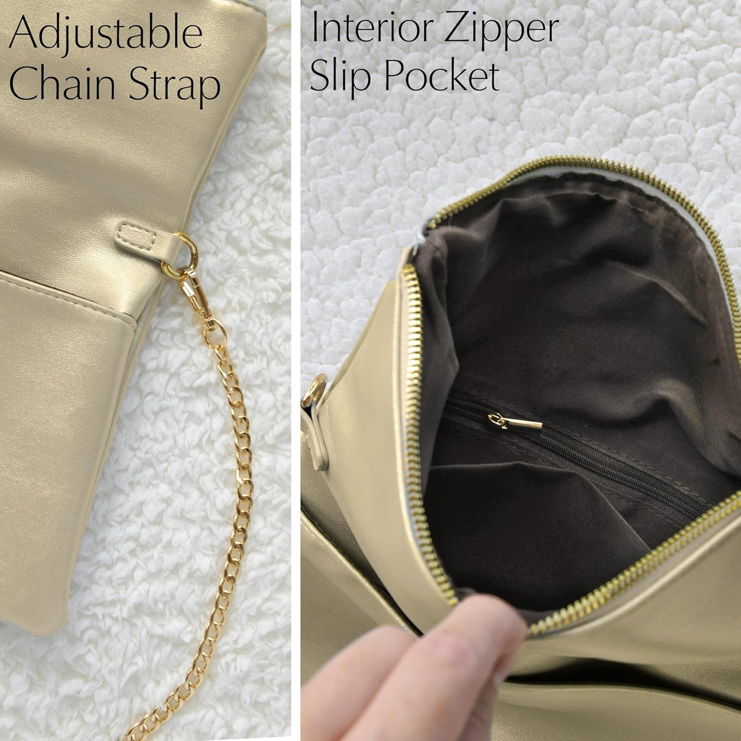 image:imageWomens Zipper Foldover Clutch Vegan Leather Envelope Cross body Bag with Chain StrapGolden