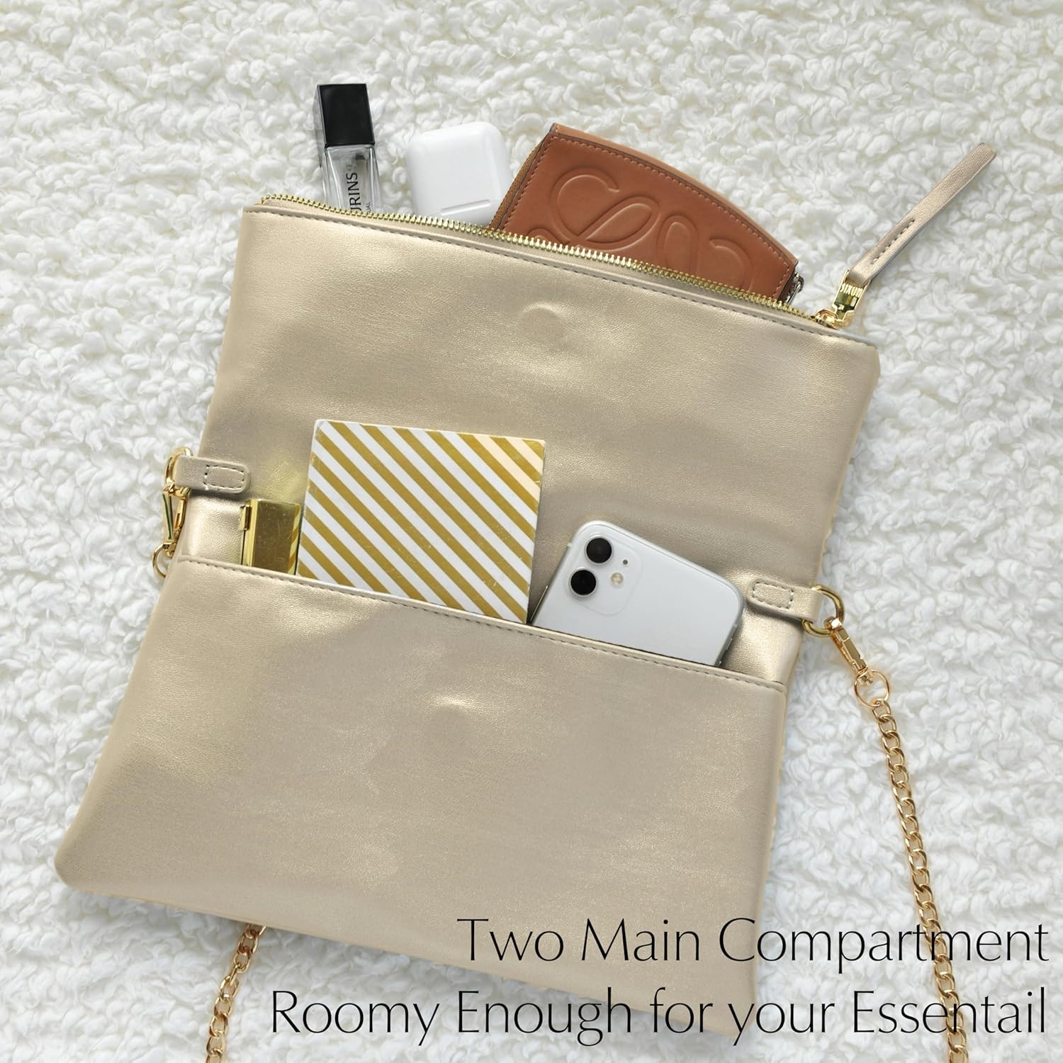 image:imageWomens Zipper Foldover Clutch Vegan Leather Envelope Cross body Bag with Chain StrapGolden