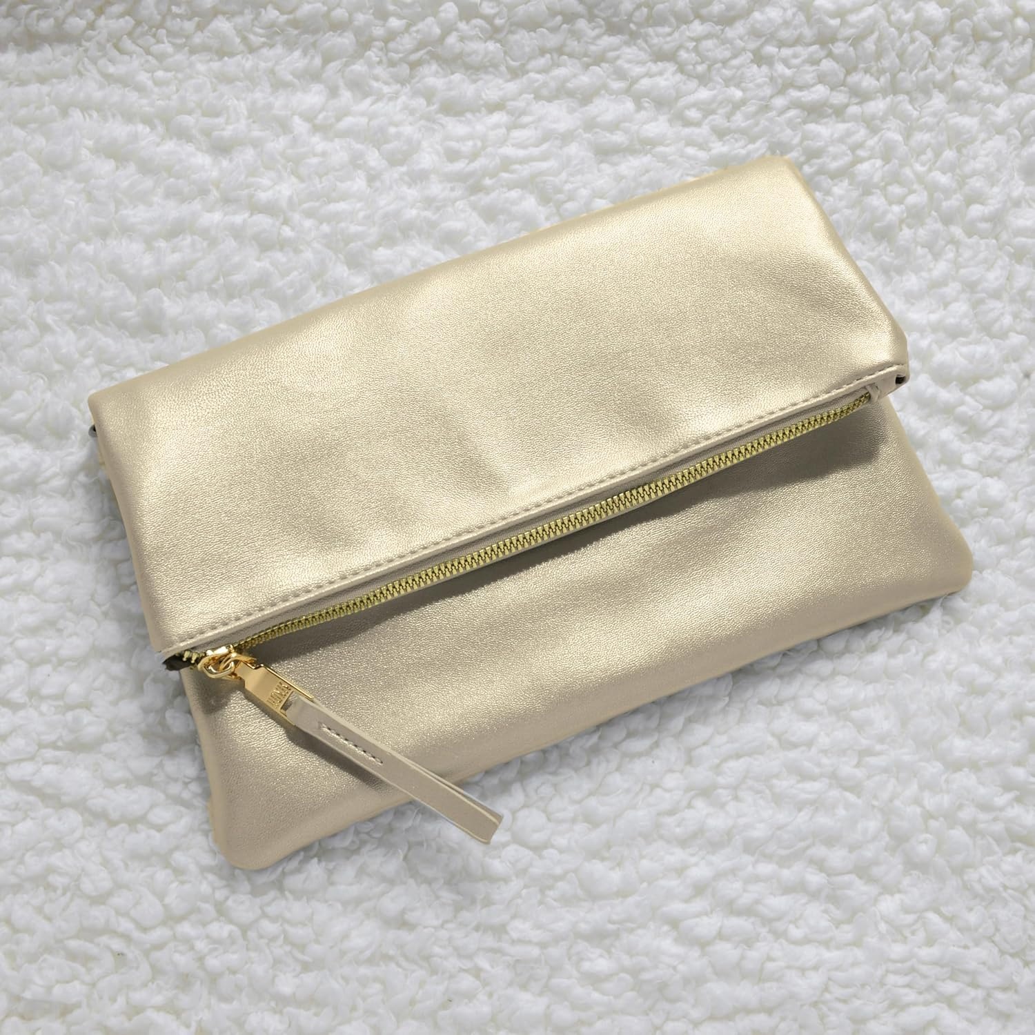 image:imageWomens Zipper Foldover Clutch Vegan Leather Envelope Cross body Bag with Chain StrapGolden