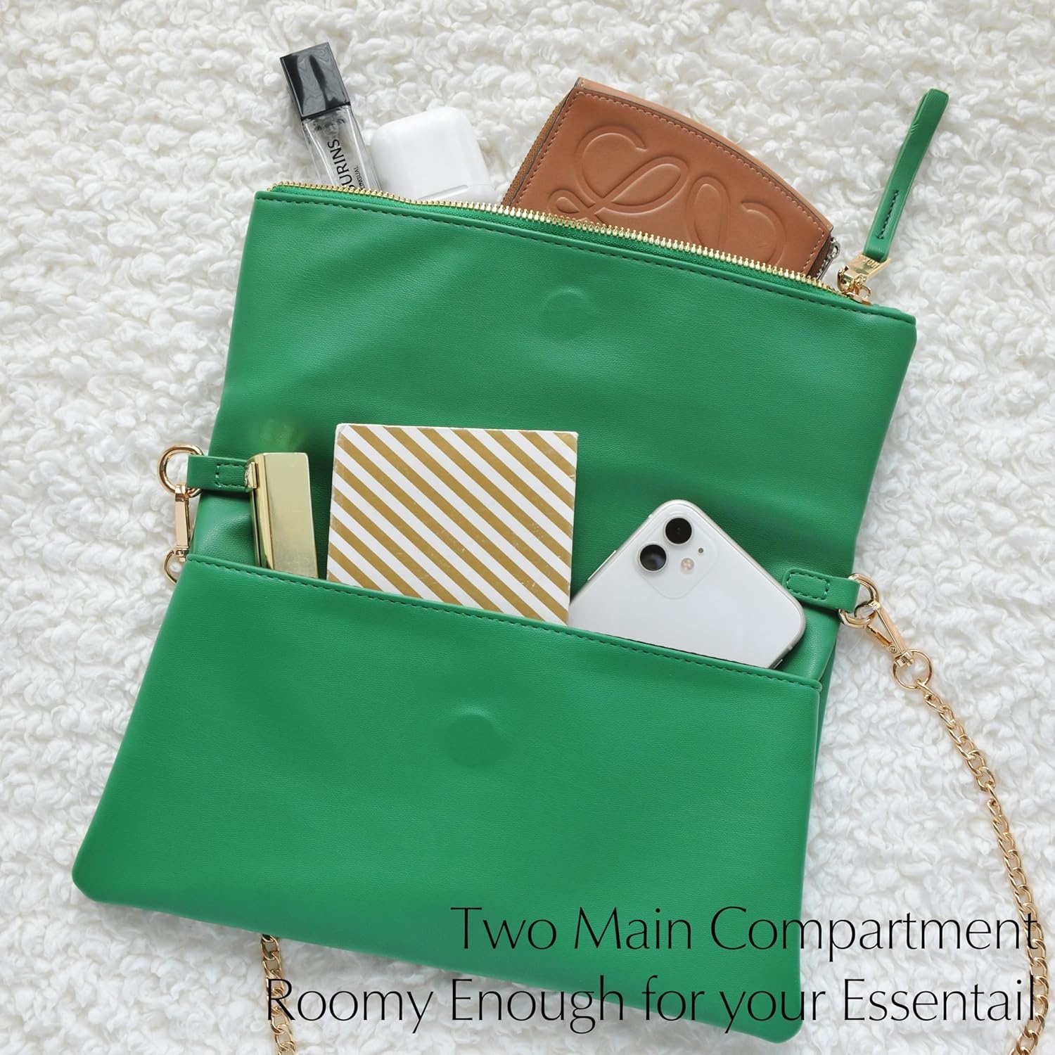 image:imageWomens Zipper Foldover Clutch Vegan Leather Envelope Cross body Bag with Chain StrapGreen