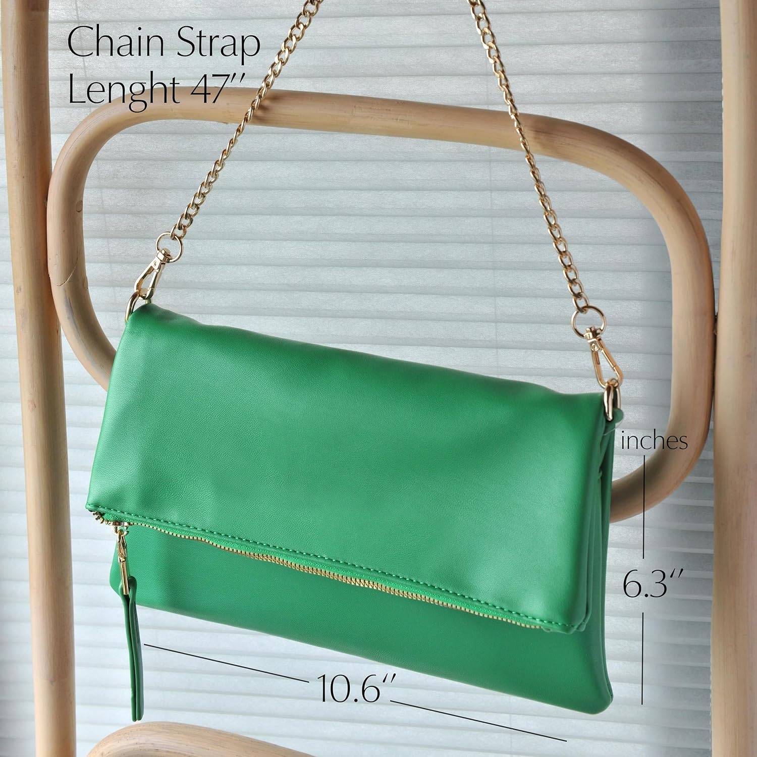 image:imageWomens Zipper Foldover Clutch Vegan Leather Envelope Cross body Bag with Chain StrapGreen