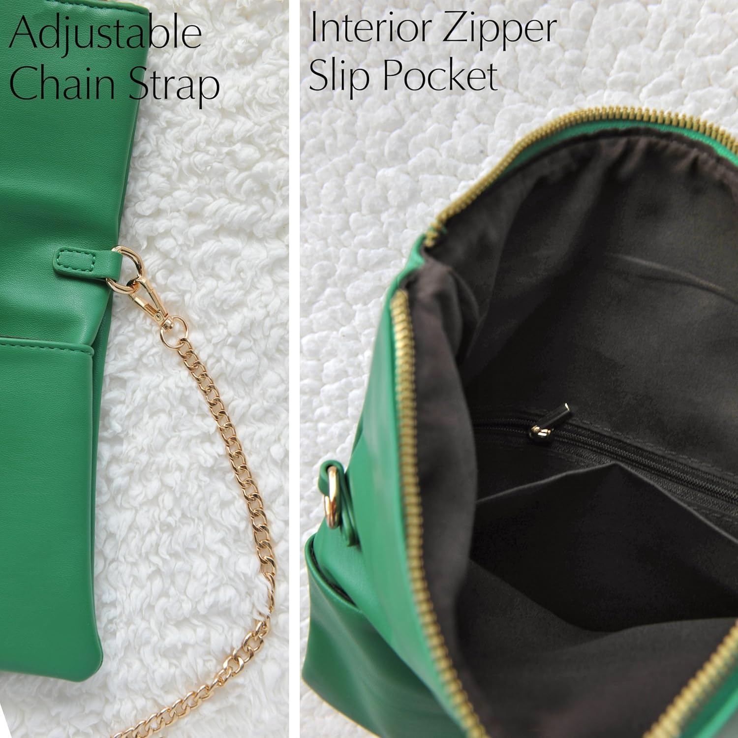 image:imageWomens Zipper Foldover Clutch Vegan Leather Envelope Cross body Bag with Chain StrapGreen